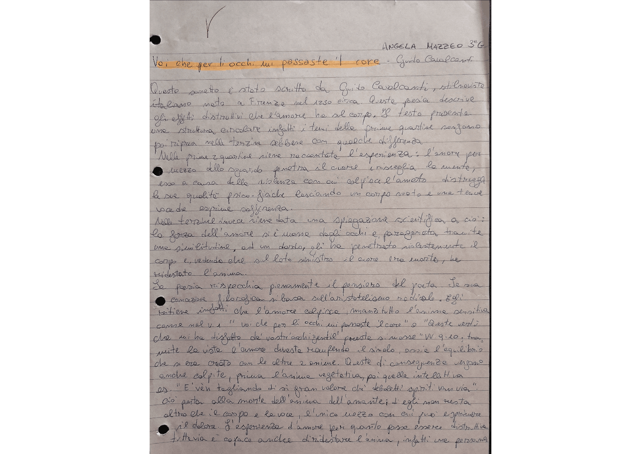 VOI CHE PER LI OCCHI MI PASSASTE 'L CORE - GUIDO CAVALCANTI - Docsity