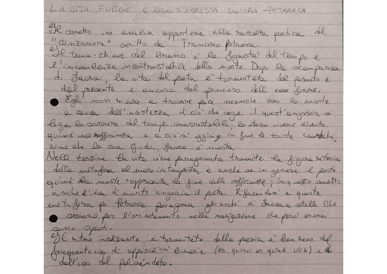 LA VITA FUGGE E NON S'ARRESTA UN'ORA - PETRARCA - Docsity