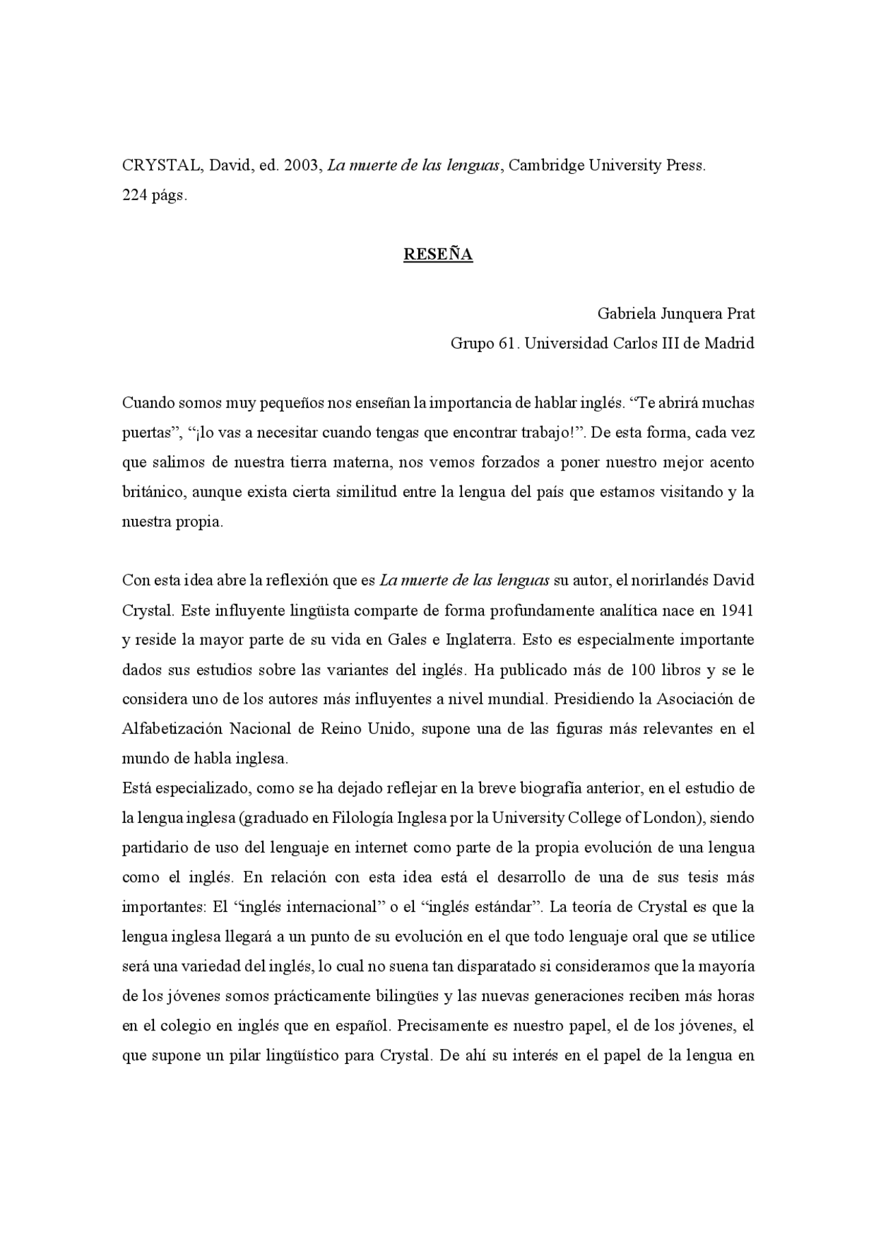 Resena De La Muerte De Las Lenguas Docsity