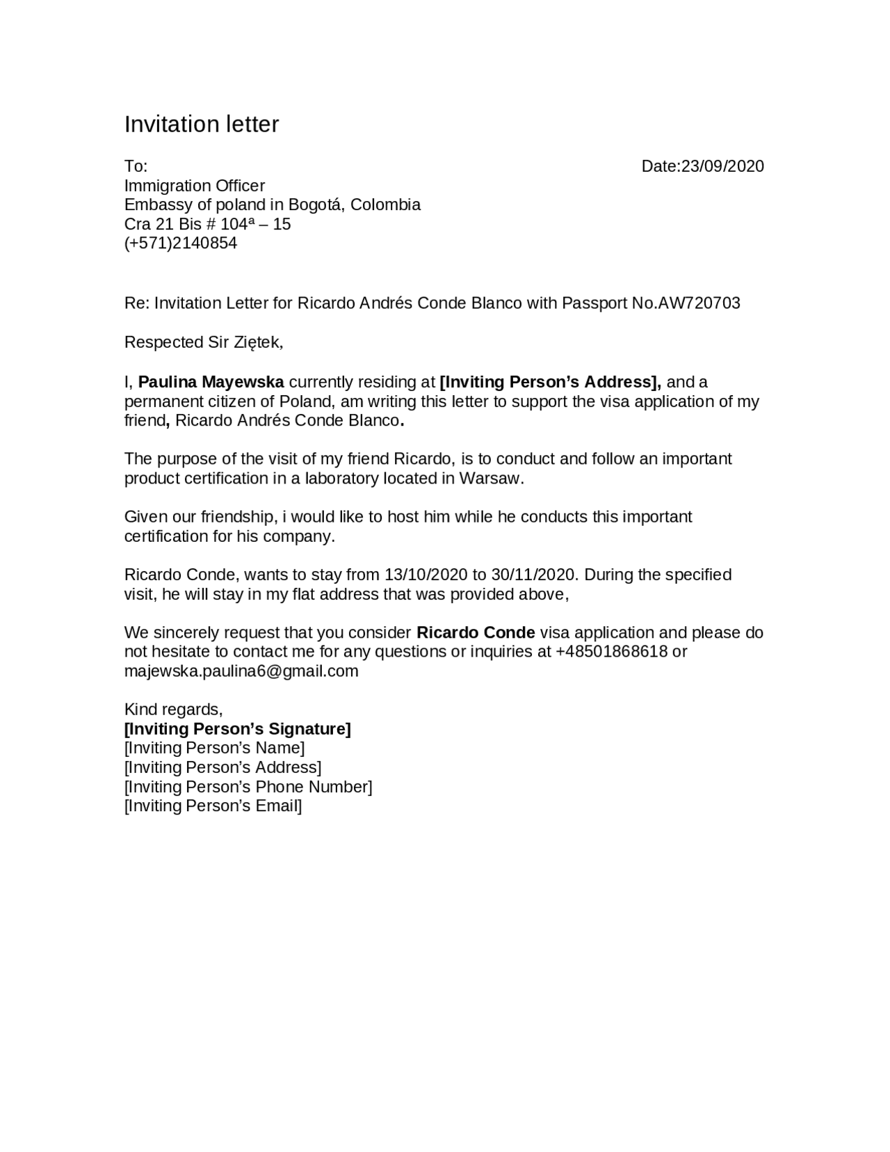 Modelo De Carta De Invitaci n De Inmigraci n Modelo De Carta De Invitaci n De Inmigraci n