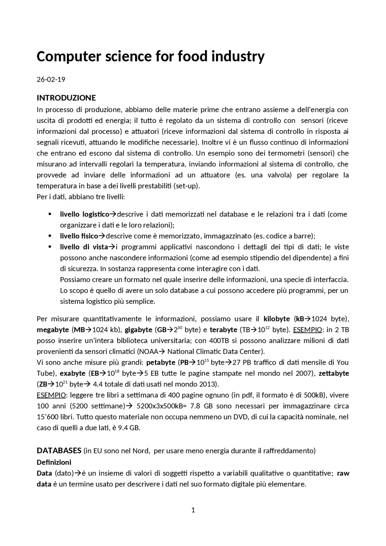 Computer science for food industry - Docsity