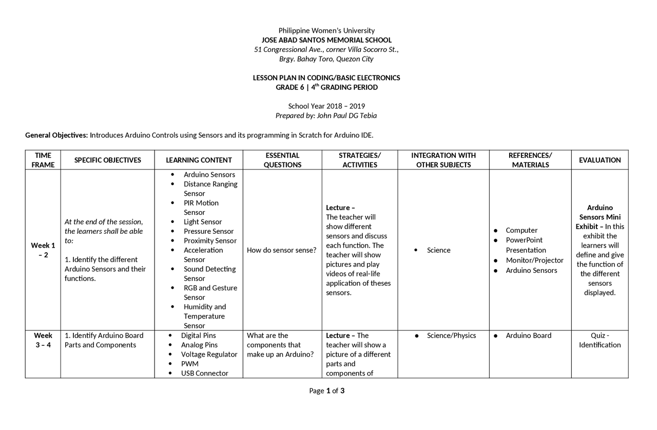 Grade 8 Coding Lesson Plan - Docsity