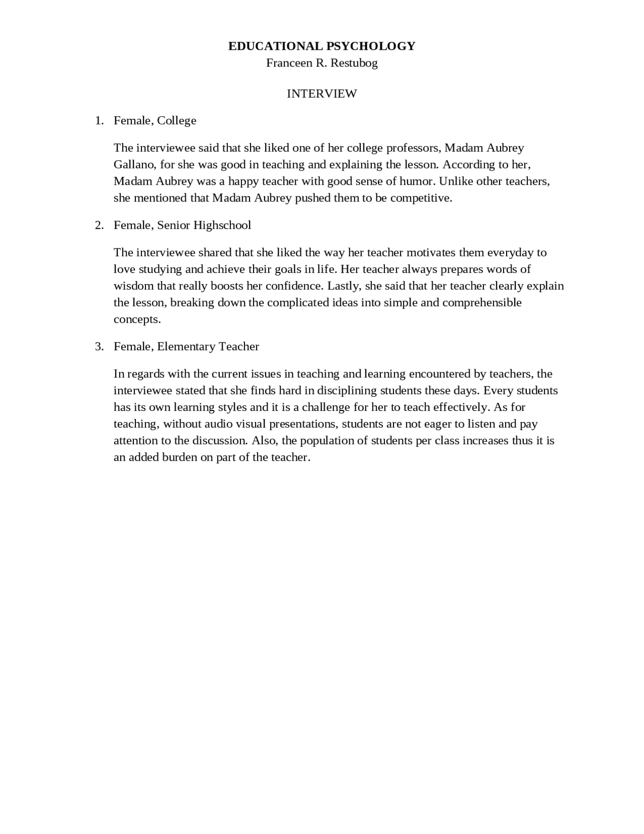 Interview (ED PSYCH) - Docsity