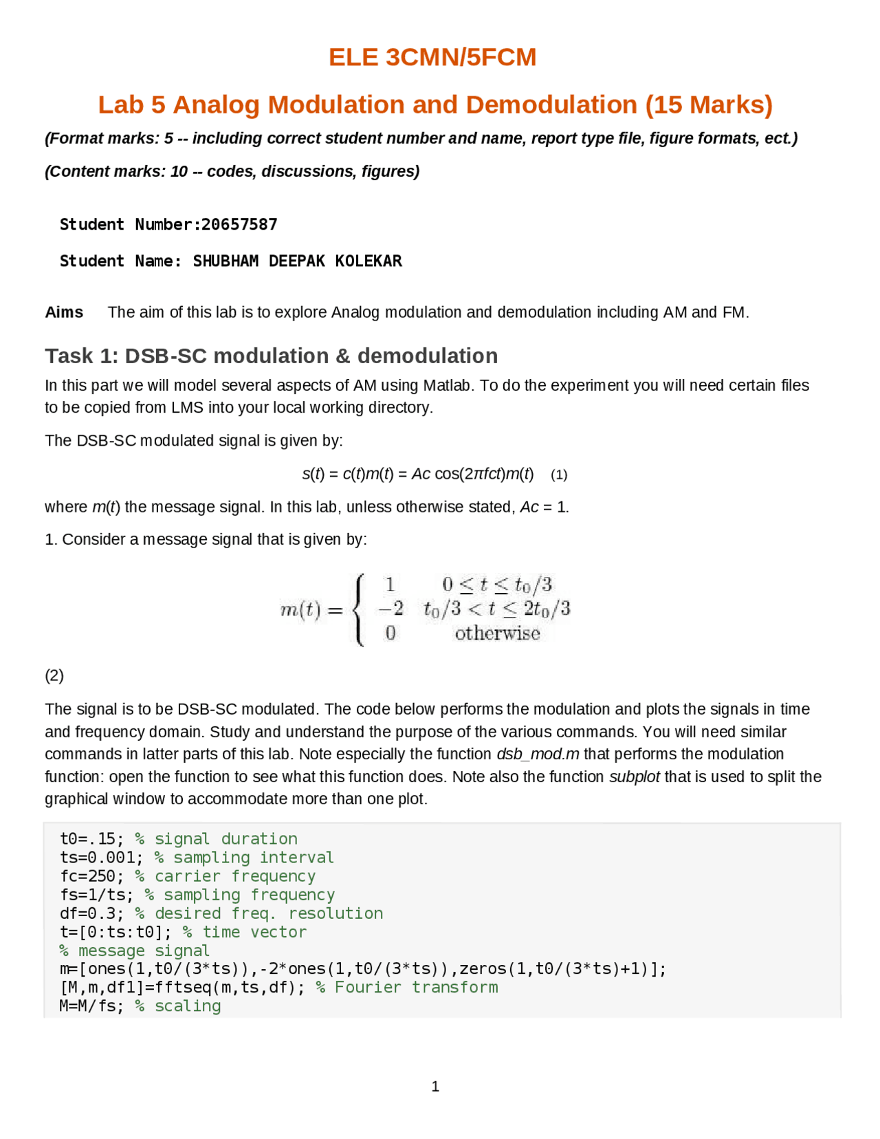 Lab 5 report to perform in matlab - Docsity