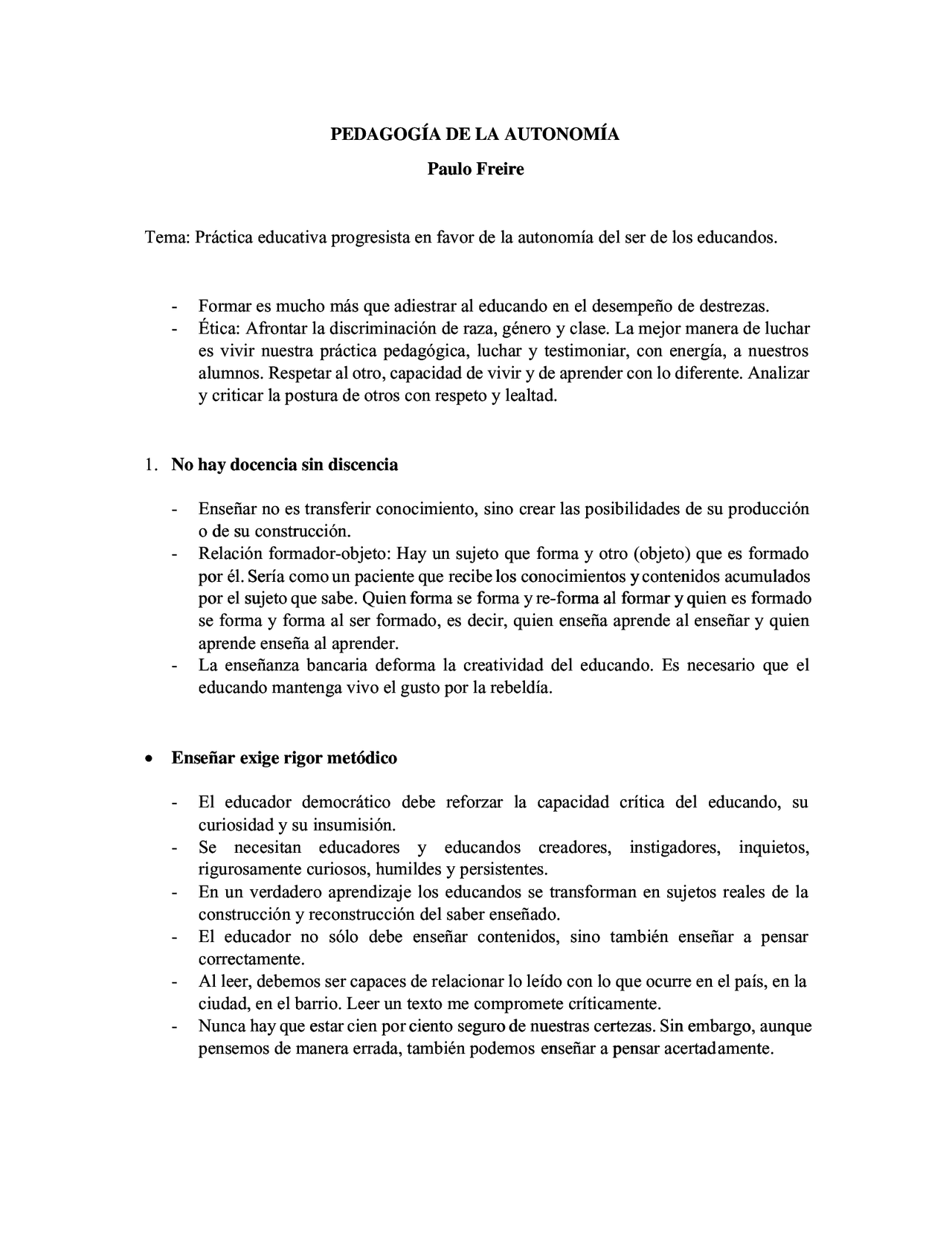 Pedagogia De La Autonomia Resumen Docsity