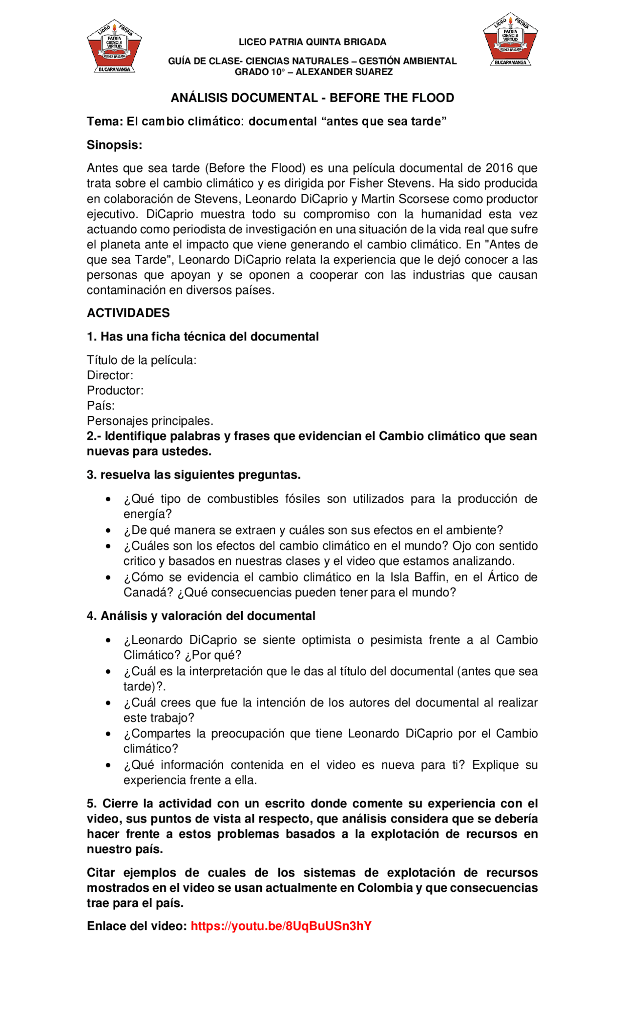 Analisis De El Documental Before The Flood Docsity