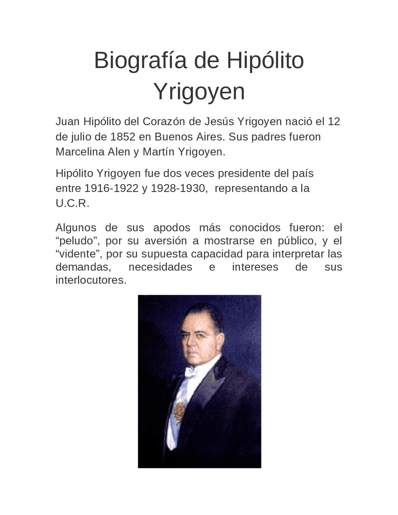 Biografia De Hipolito Yrigoyen Docsity