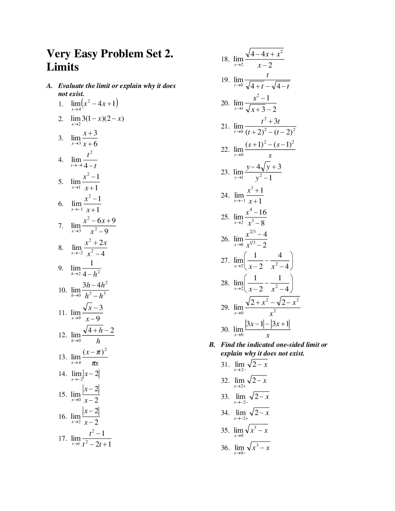 Very Easy Problem Set 2. Limits - Docsity