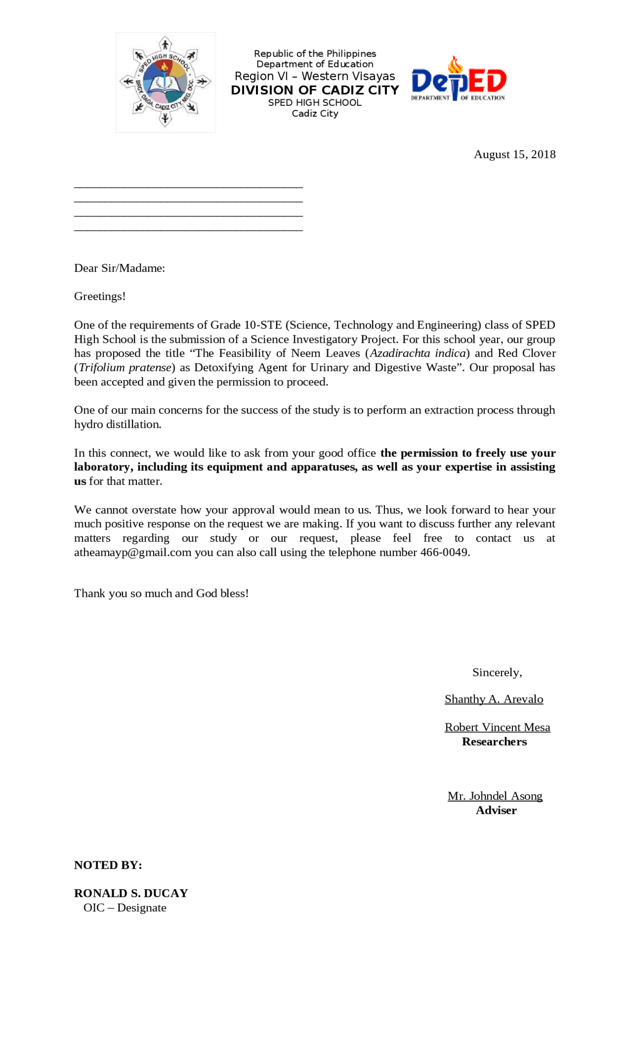 Science Investigatory Project Letterss - Docsity