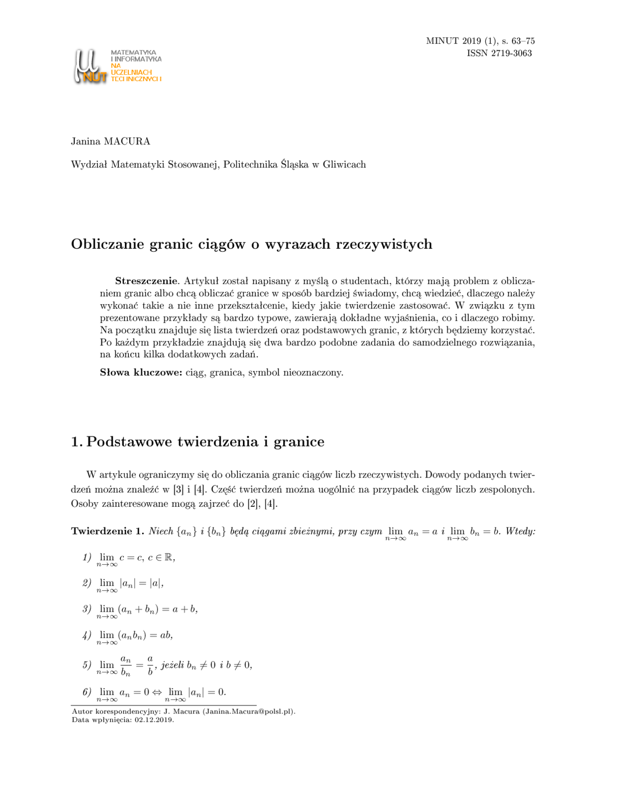 Obliczanie granic ciągów o wyrazach rzeczywistych - Docsity