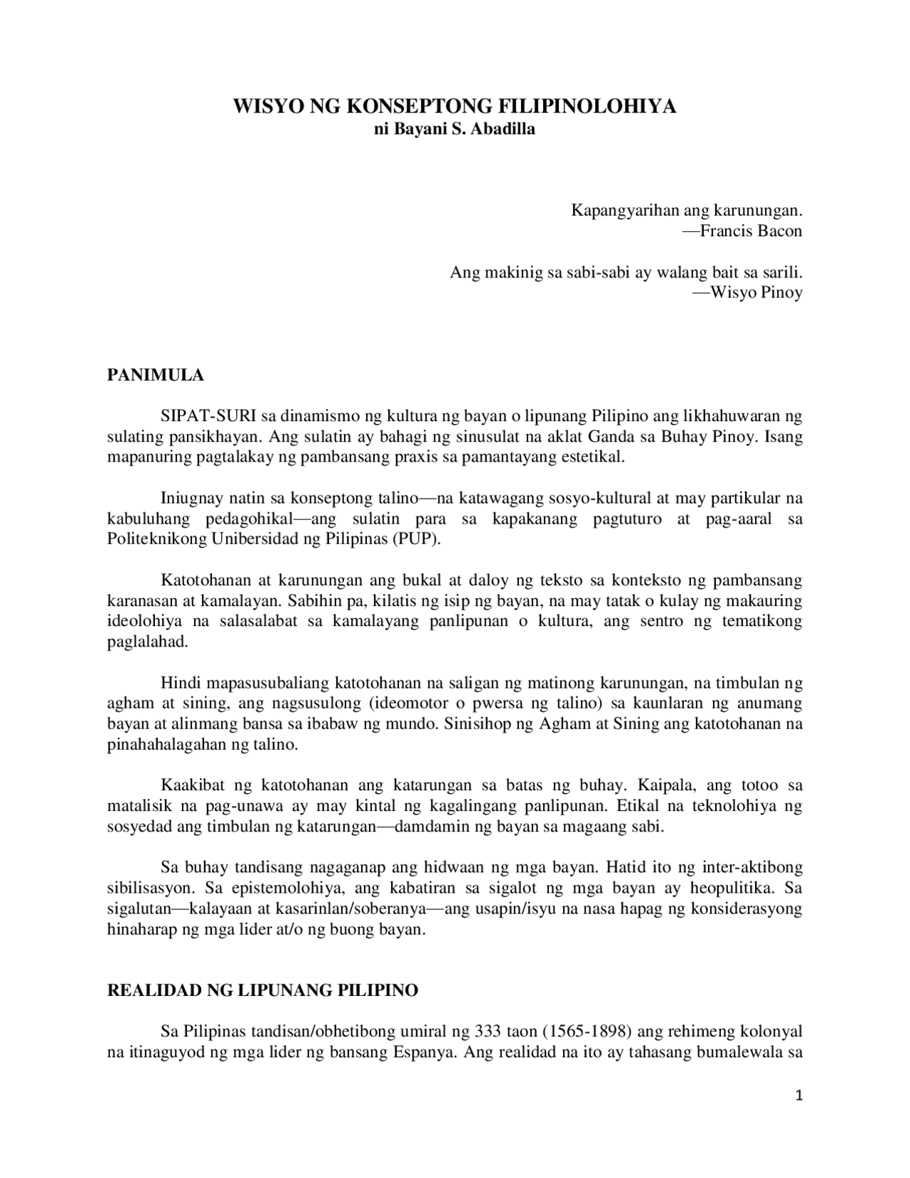 Wisyo Wisyo ng Konseptong Filipinolohiya - Docsity