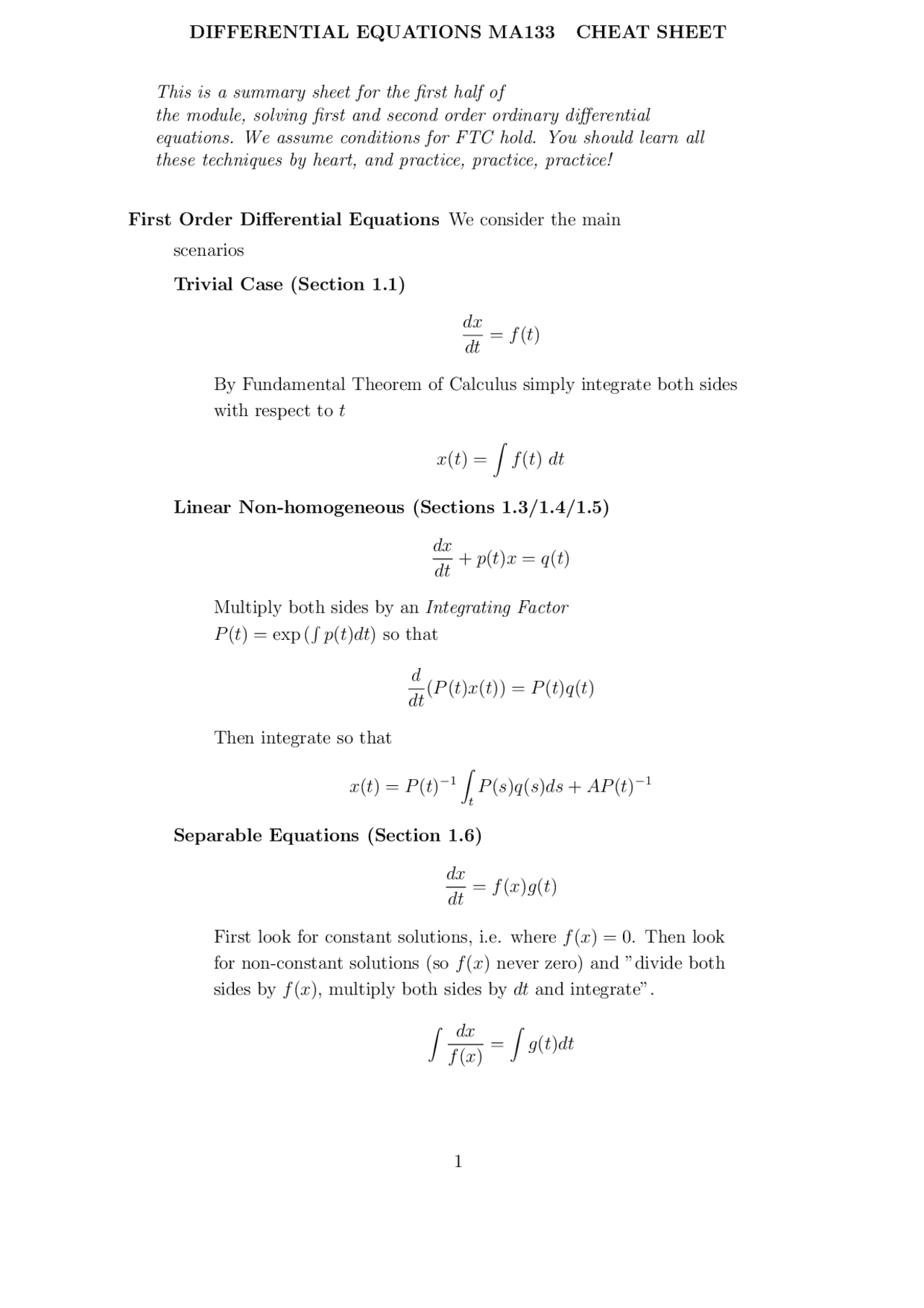 Differential Equations Cheat Sheet Cheat Sheet Mathematics Docsity