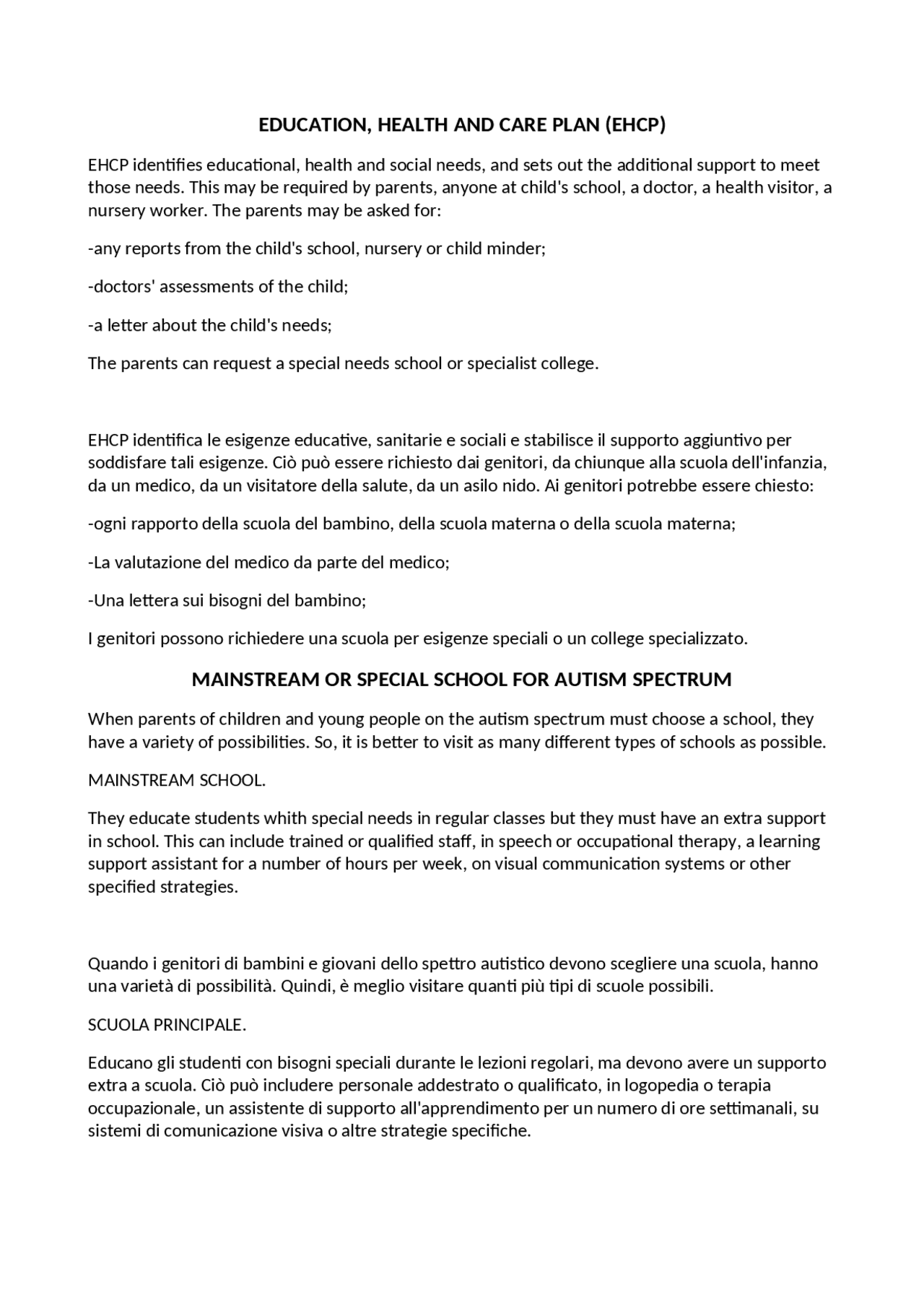 EDUCATION HEALTH AND CARE PLAN - Docsity