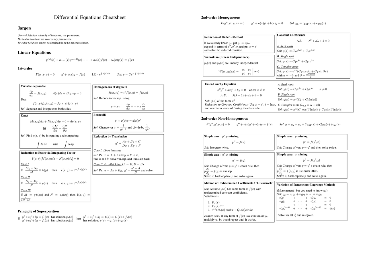 Differential Equations Cheatsheet Cheat Sheet Mathematics Docsity