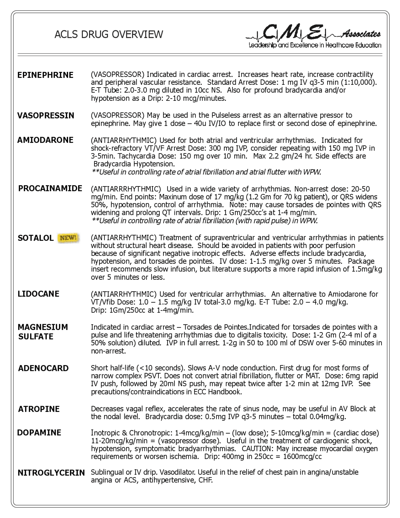 ACLS Drugs Cheat Sheet Cheat Sheet Pharmacology Docsity