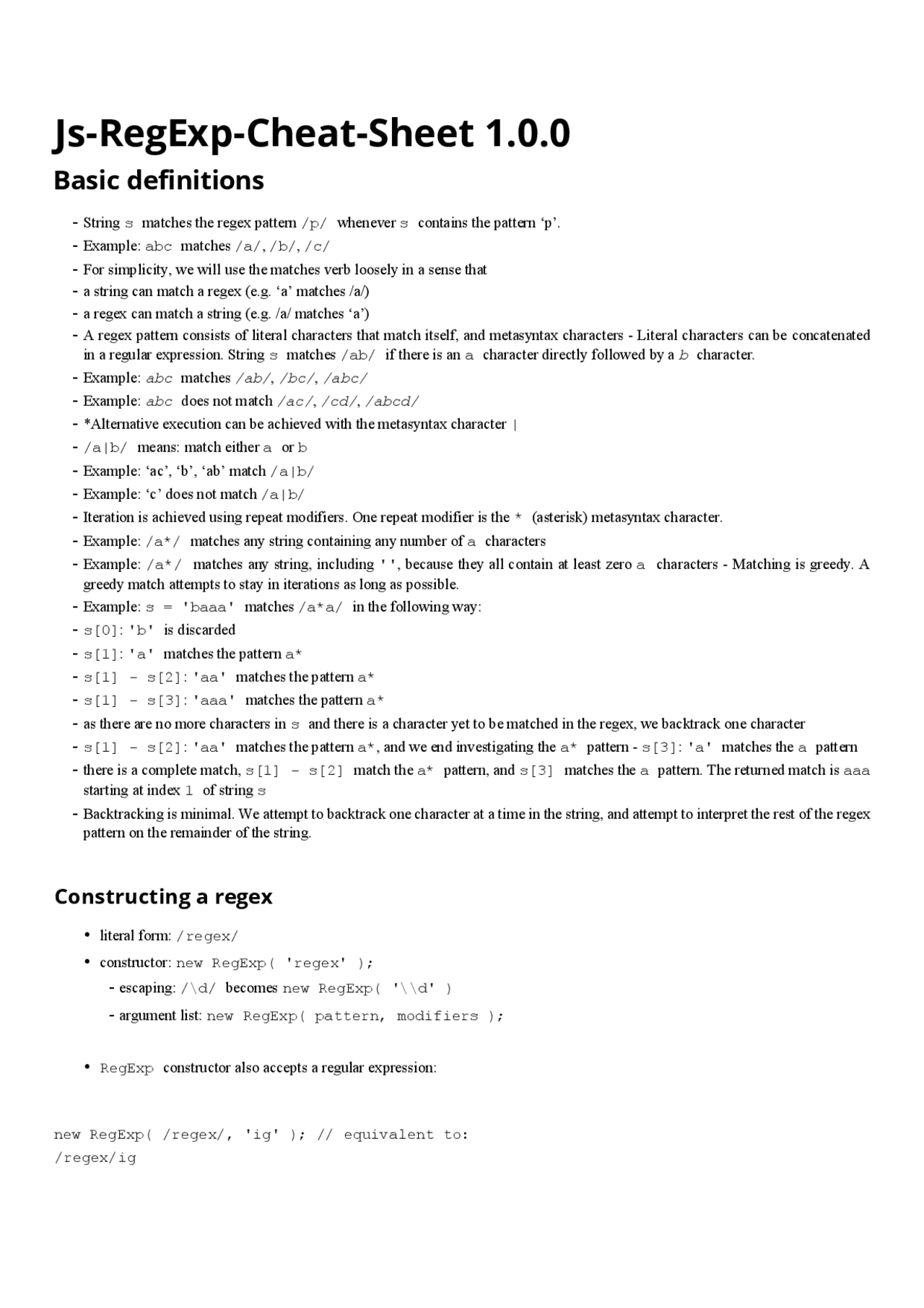 Js-RegExp Cheat Sheet: Basic Definitions - Docsity
