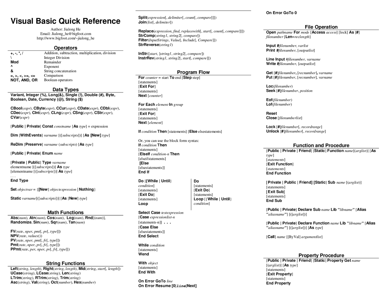 Visual Basic Cheat Sheet: Program Flow, Function and Procedure - Docsity
