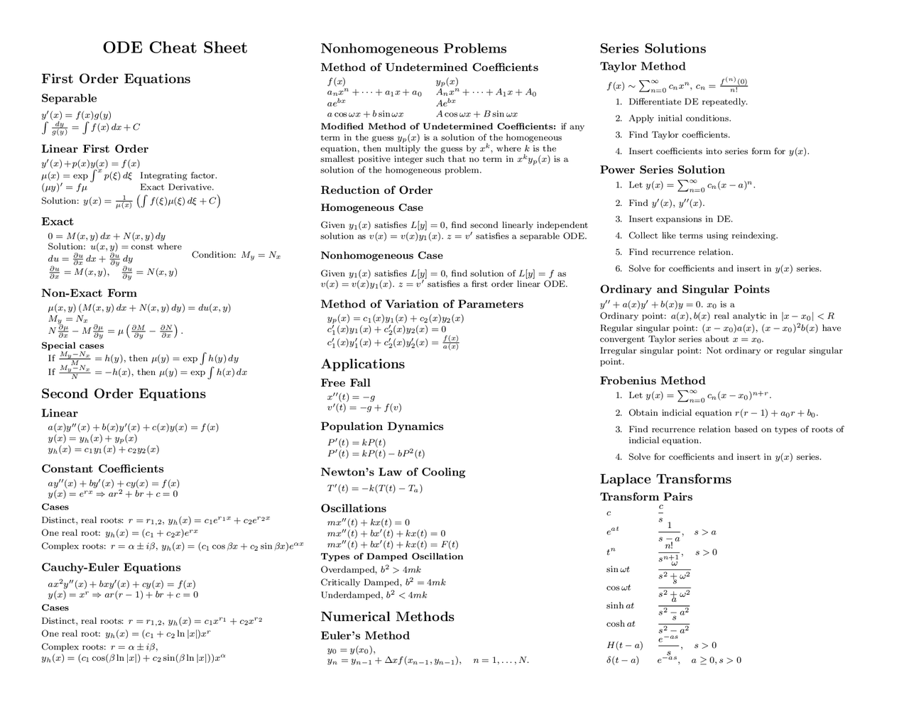 ODE Cheat Sheet Docsity
