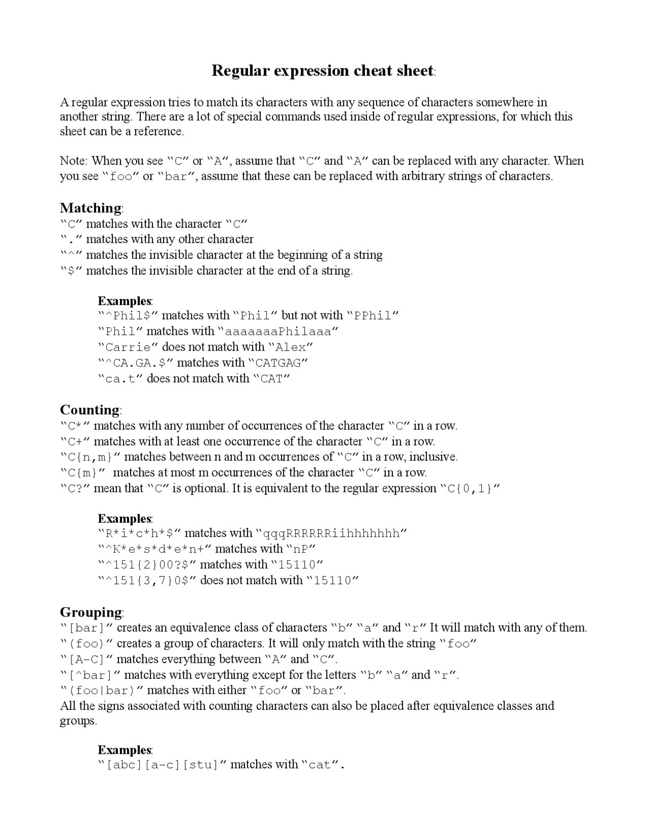 Regular Expression Cheat Sheet - Docsity