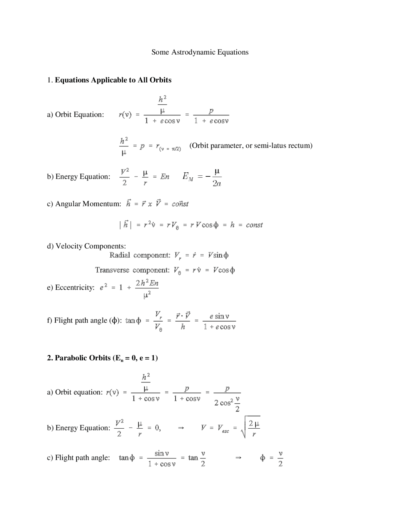 Math Astrodynamics Examples Some Astrodynamic Equations Cheat Sheet - Docsity