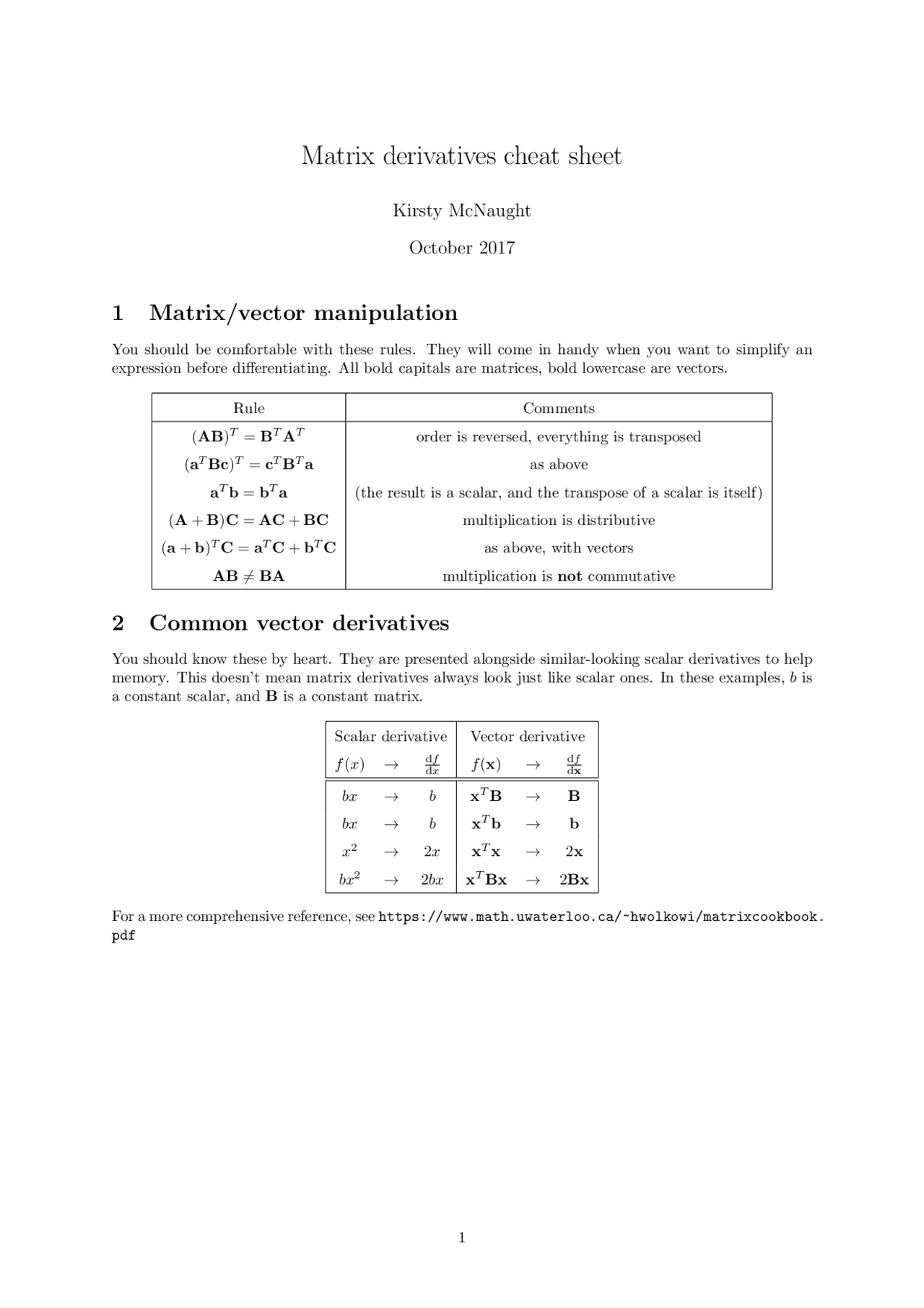 Matrix derivatives cheat sheet Cheat Sheet Mathematics Docsity