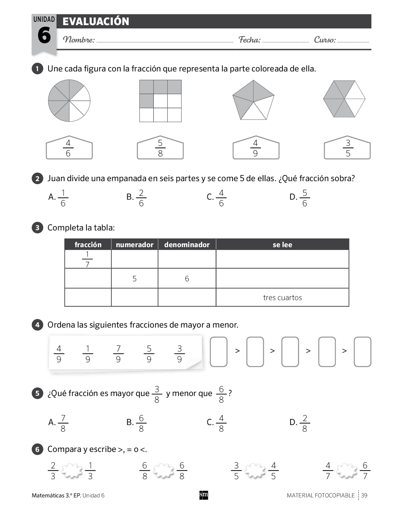 Evaluación tema 6 mate 3 primaria sm savia | Examens de Mathématiques ...