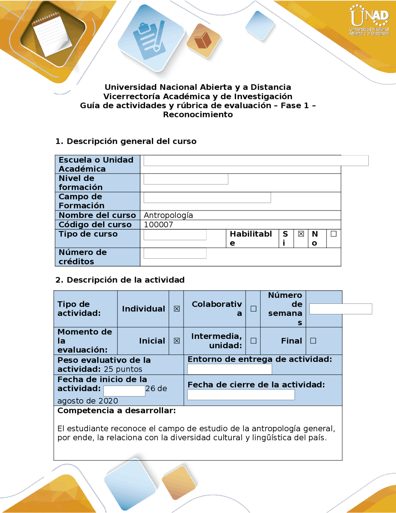 Guía y rúbrica - Fase 1: Reconocimiento en Antropología UNAD | Lecture ...