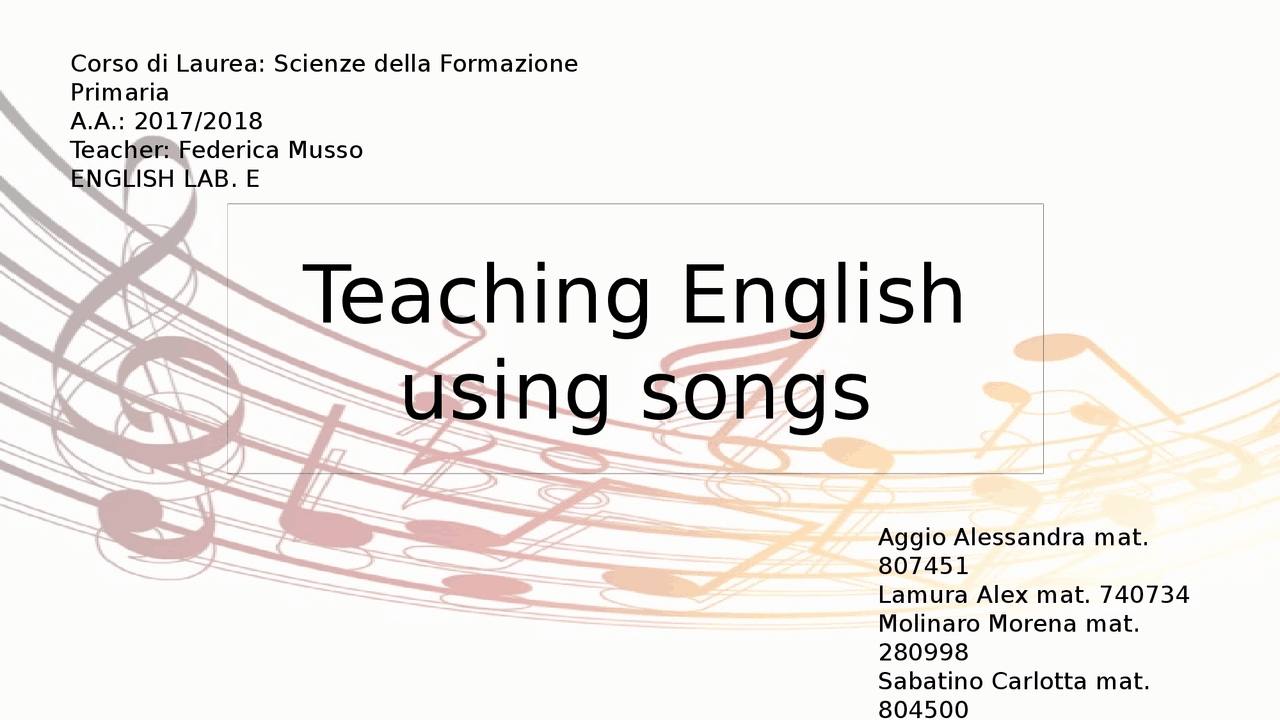 Unità didattica using song to teach english in primary school Docsity