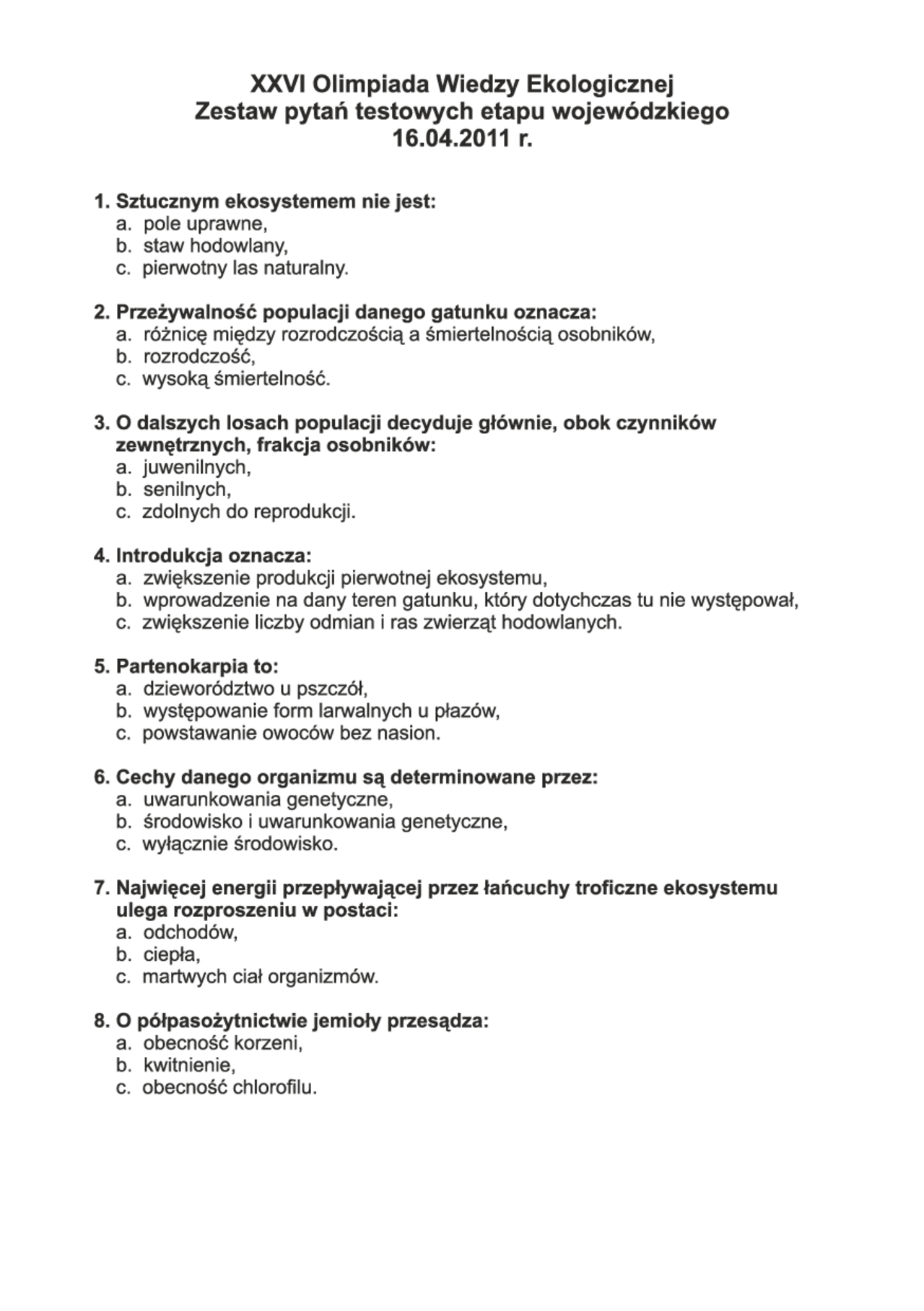 Olimpiada Wiedzy Ekologicznej: pytania i odpowiedzi | Testy Biologia