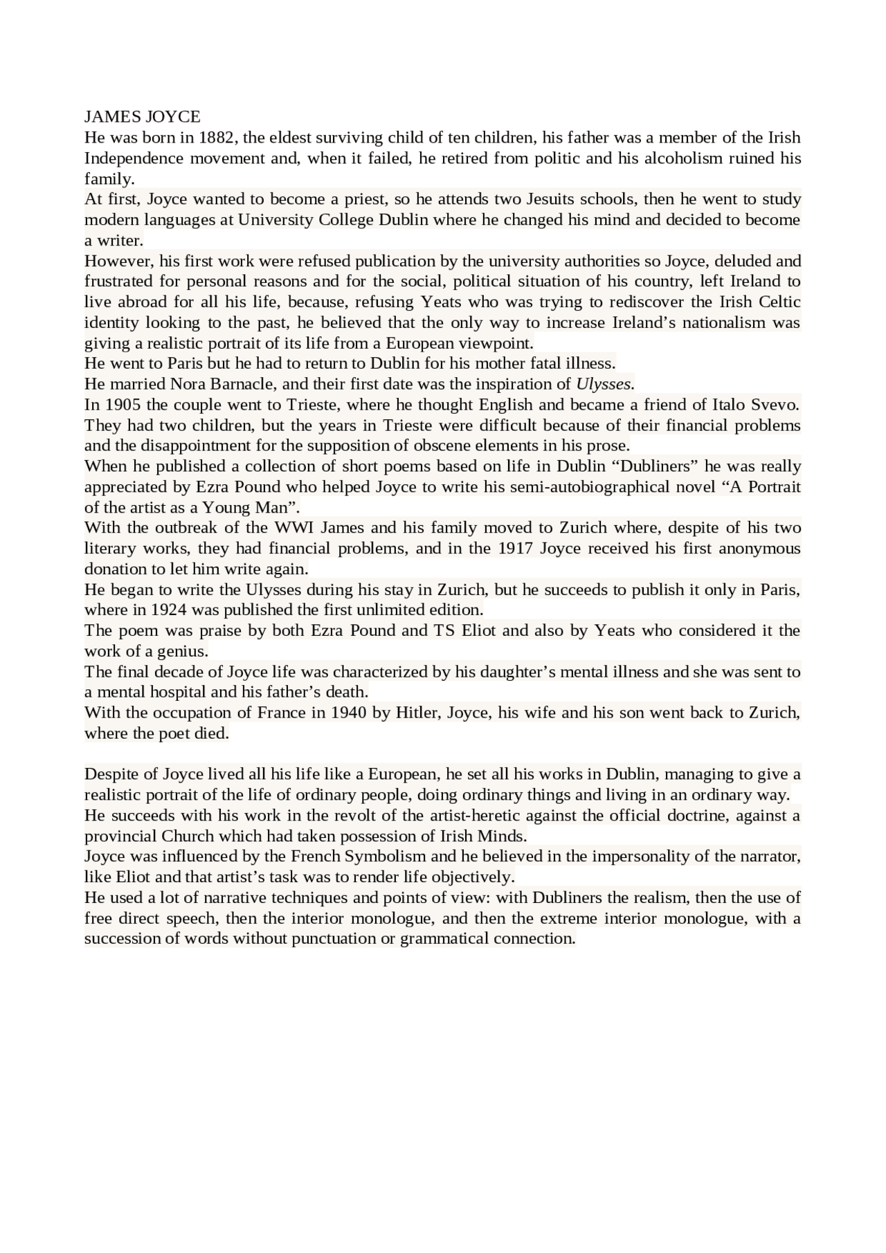 James Joyce, The Dubliners and The Ulysses | Appunti di Inglese | Docsity