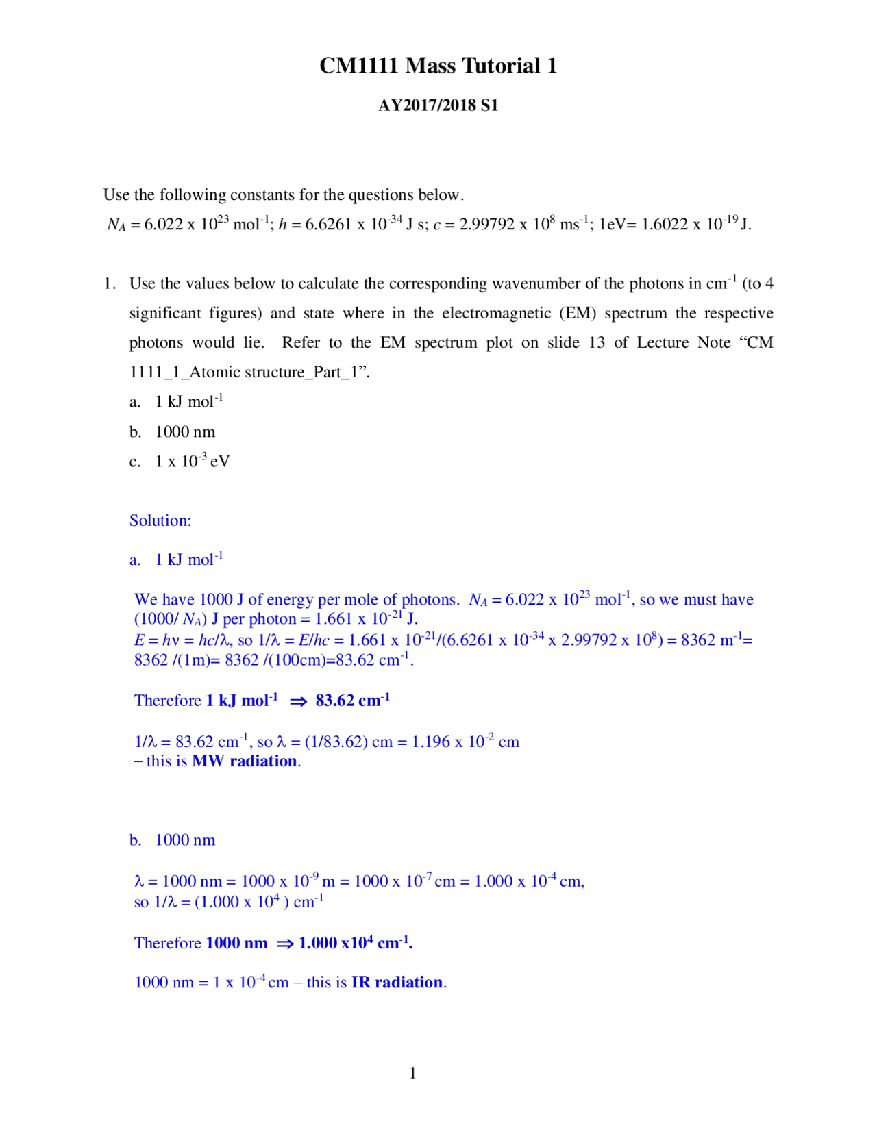 CM1111 Mass Tutorial 1 Solution - Docsity