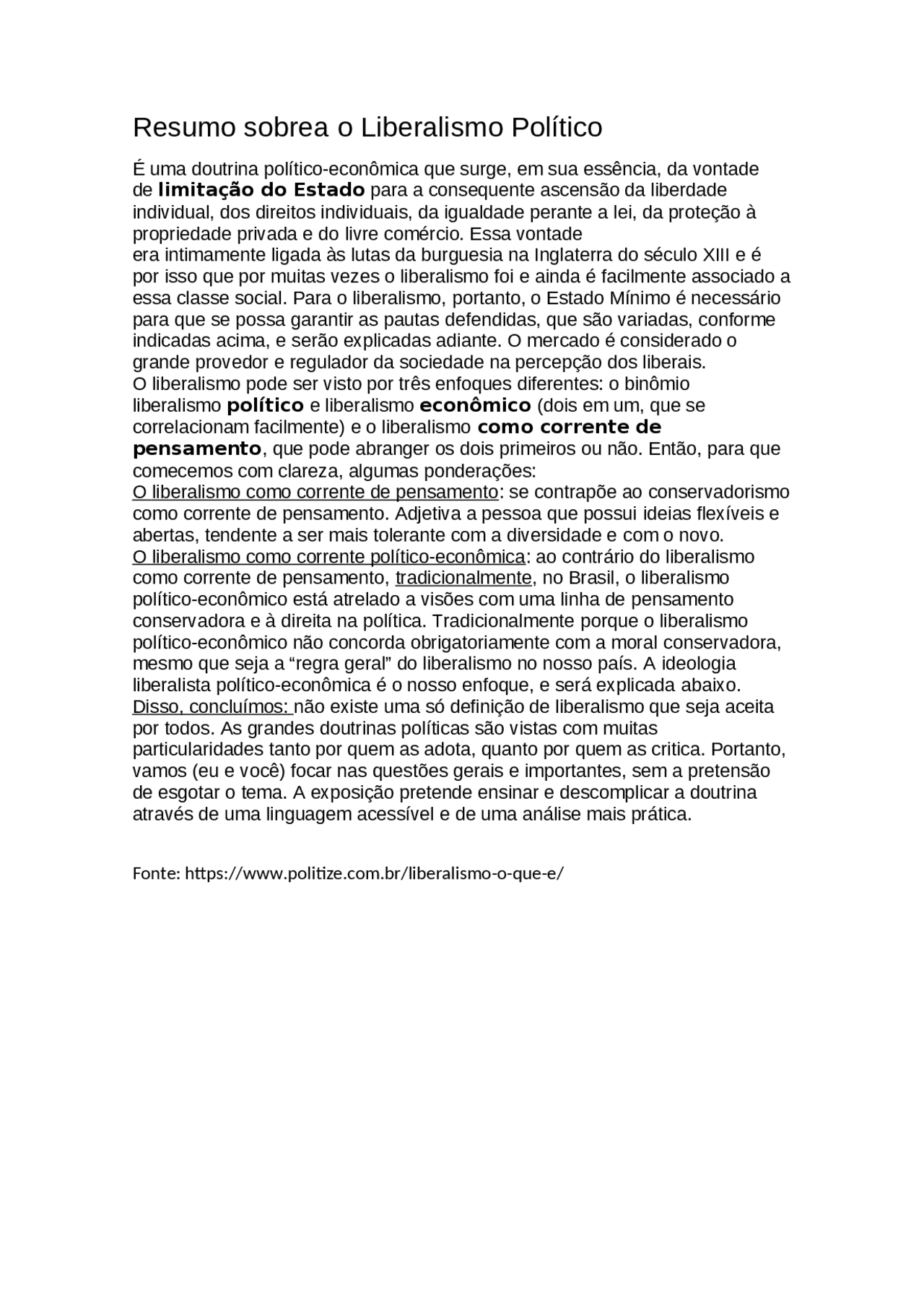 Resumo sobre o Liberalismo Político - Docsity