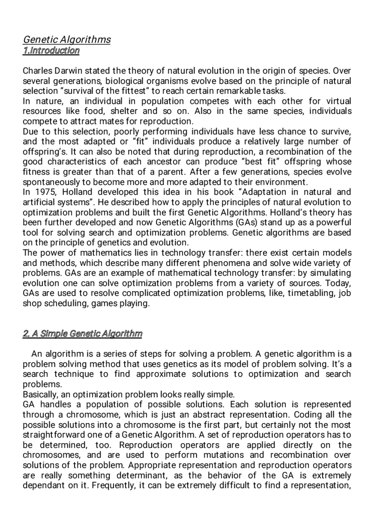 Summaries of Genetic Algorithm Principles - Docsity