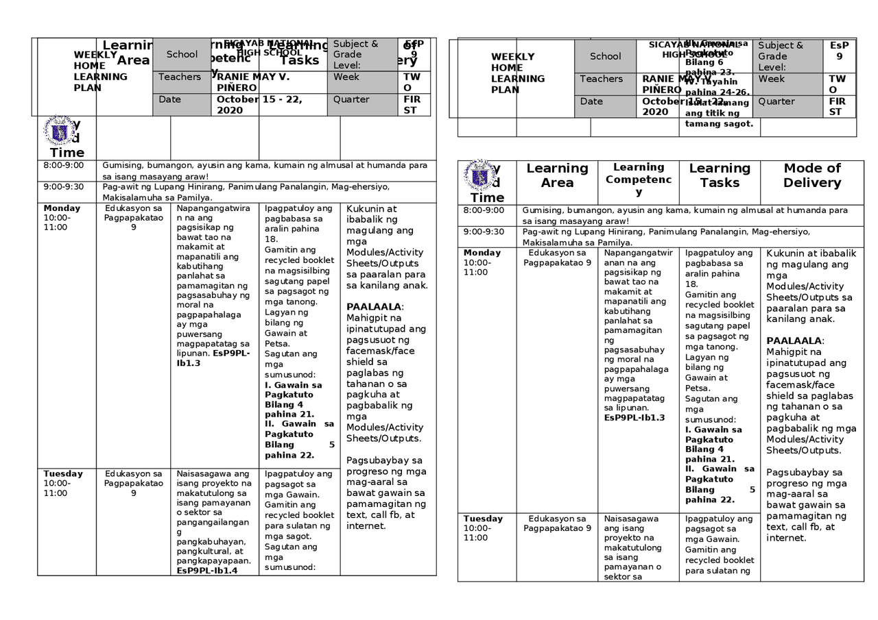 Weekly home learning plan | Lecture notes Vocational education | Docsity