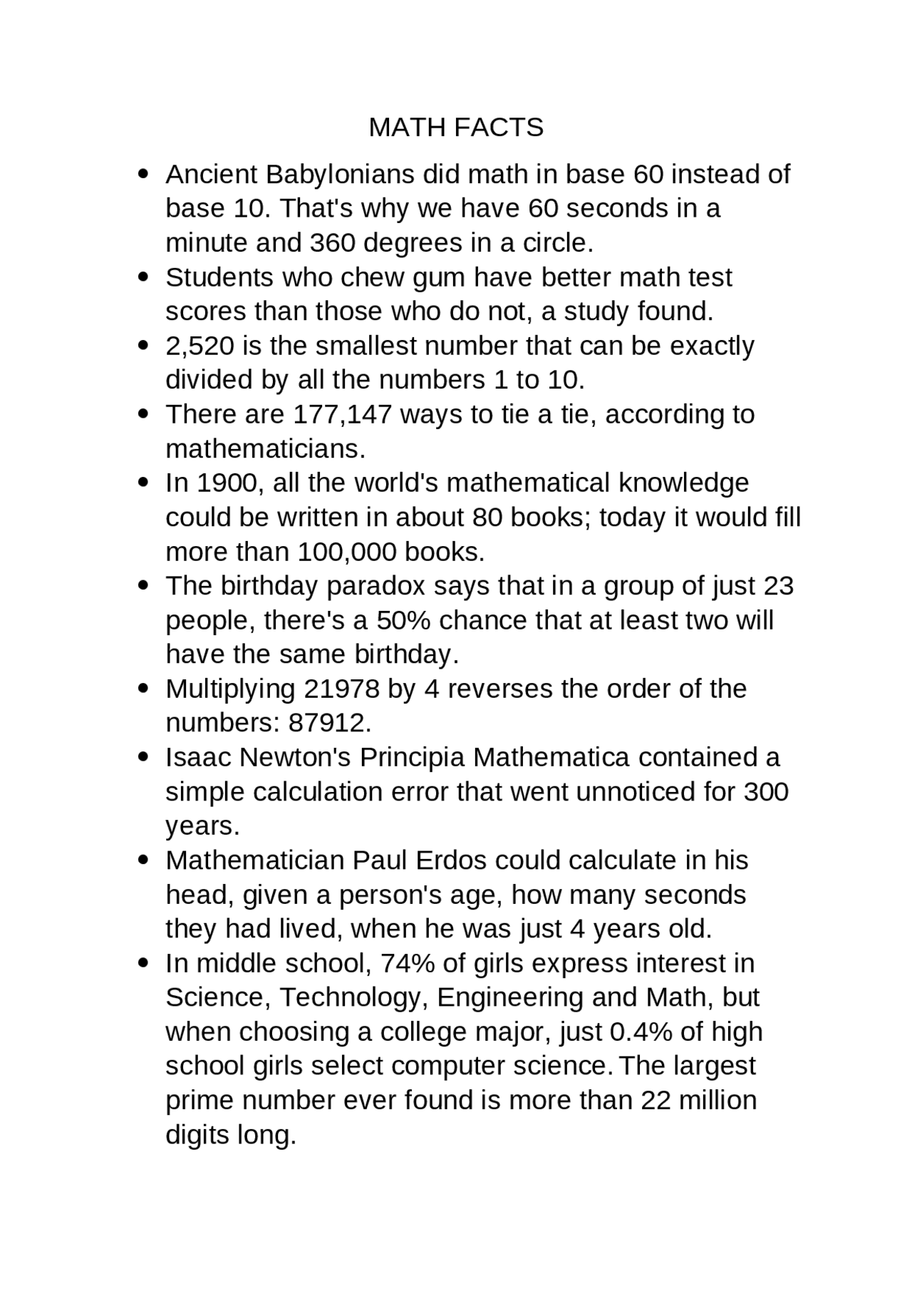 Mathematics facts | Study notes Mathematics | Docsity
