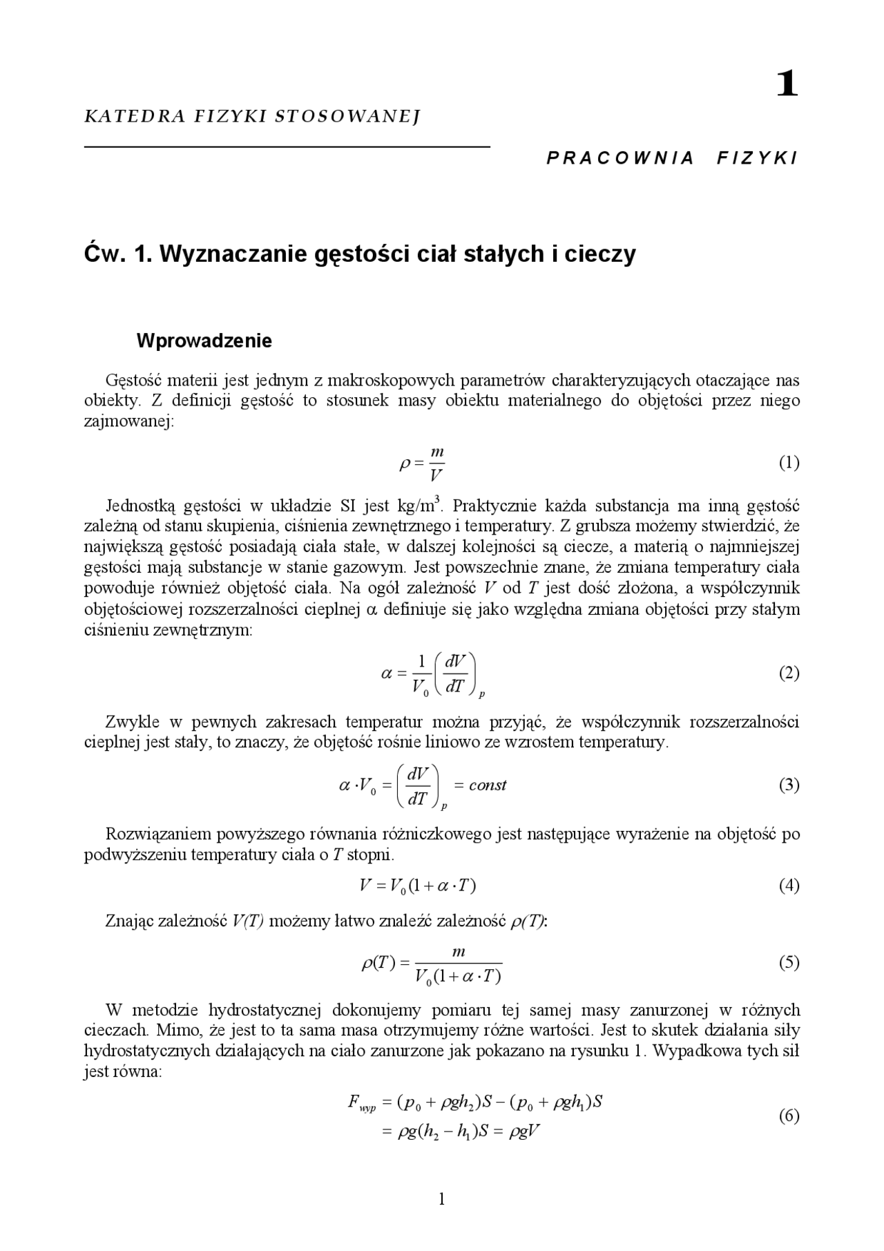 Wyznaczanie gęstości ciał stałych i cieczy - Docsity