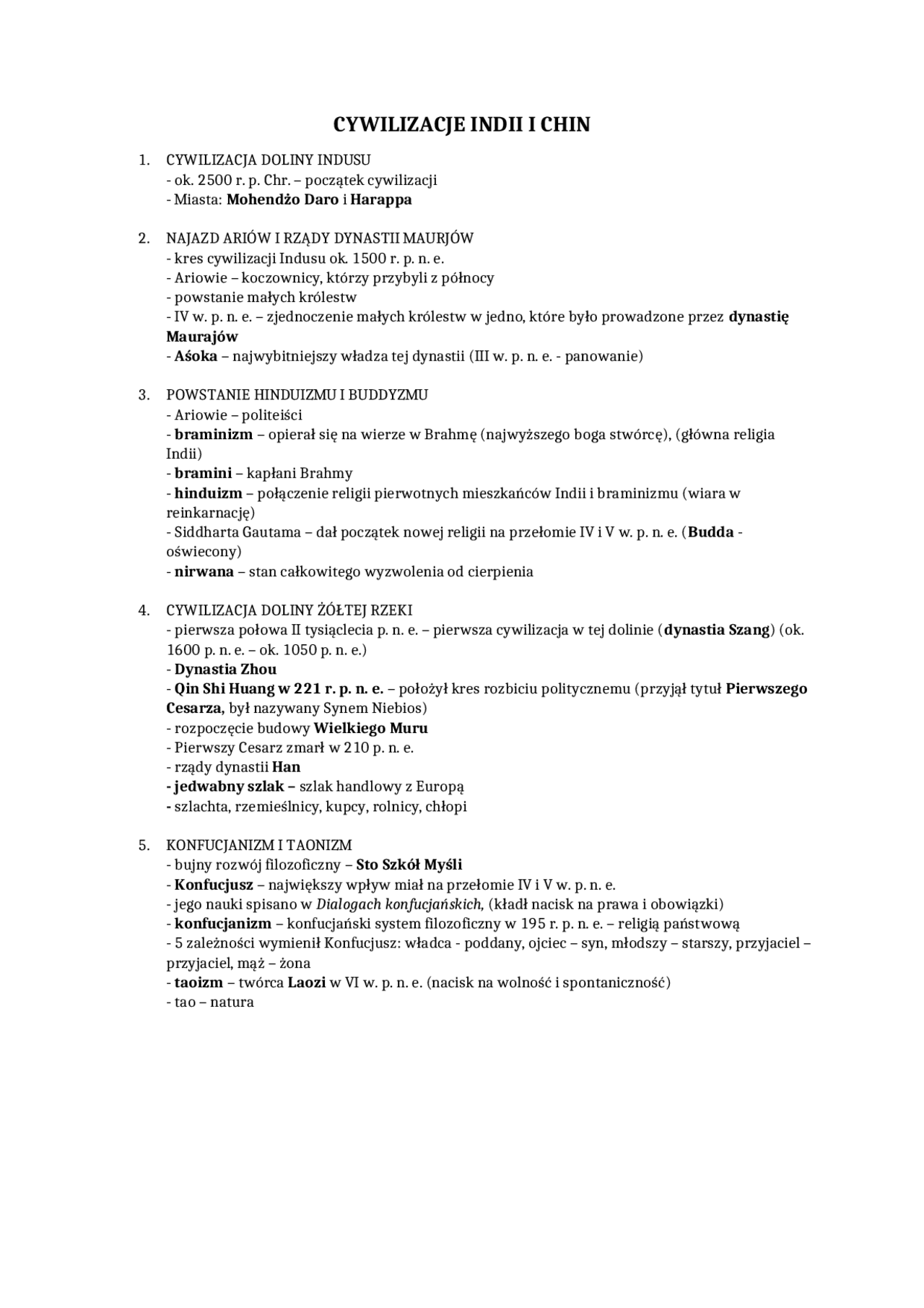 Cywilizacje Indii i Chin I klasa LO | Notatki Historia | Docsity