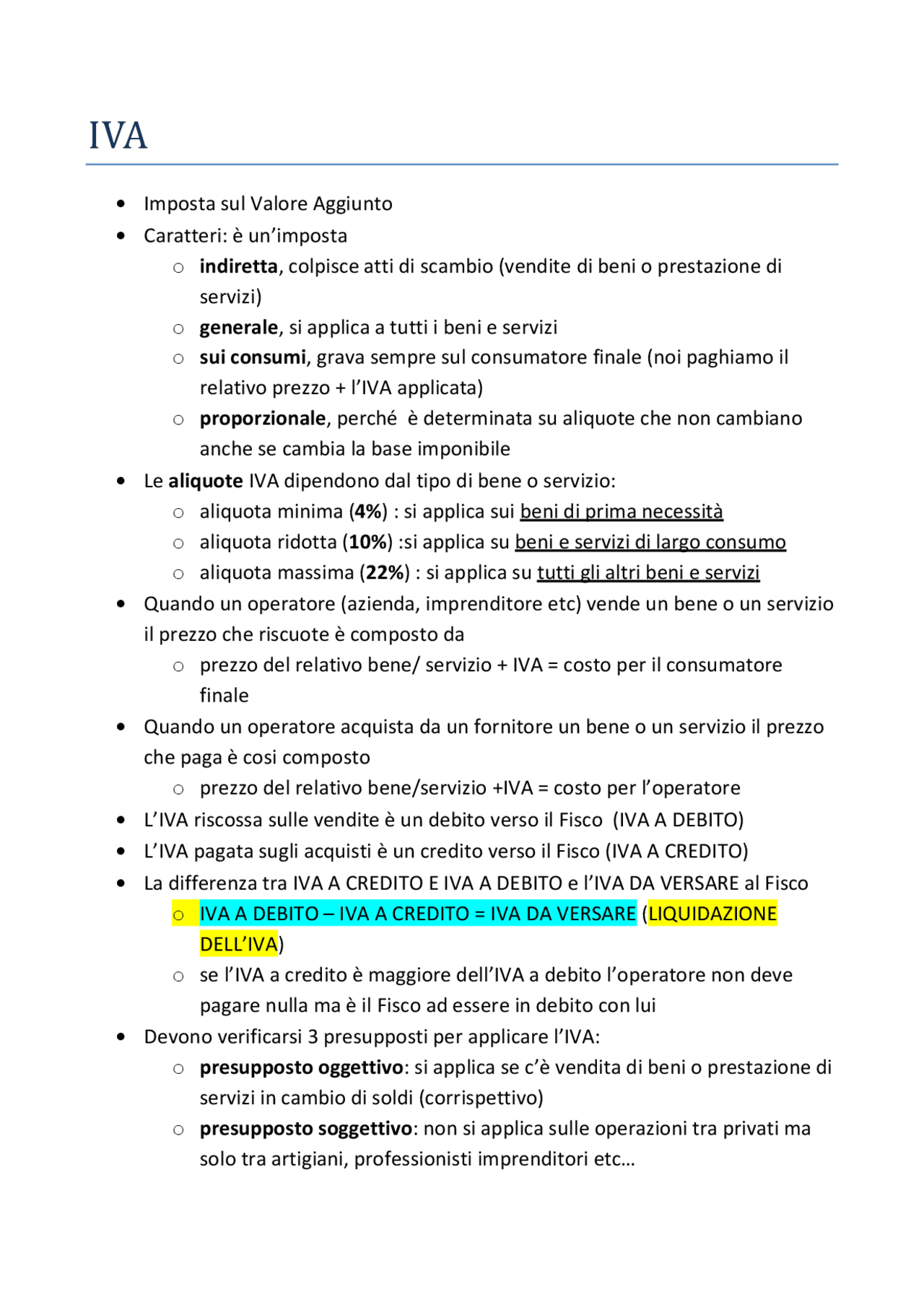 Riassunto su calcolo, liquidazione e caratteristiche dell'IVA | Schemi e  mappe concettuali di Economia aziendale | Docsity