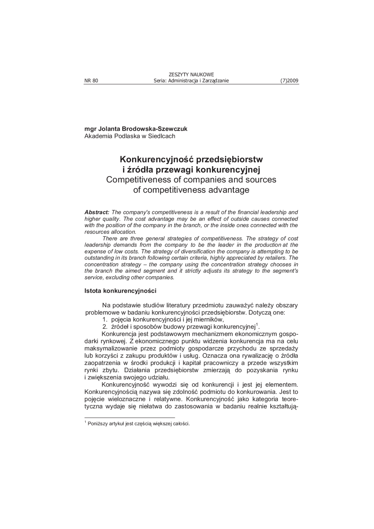Konkurencyjność przedsiębiorstw i źródła przewagi konkurencyjnej - Docsity