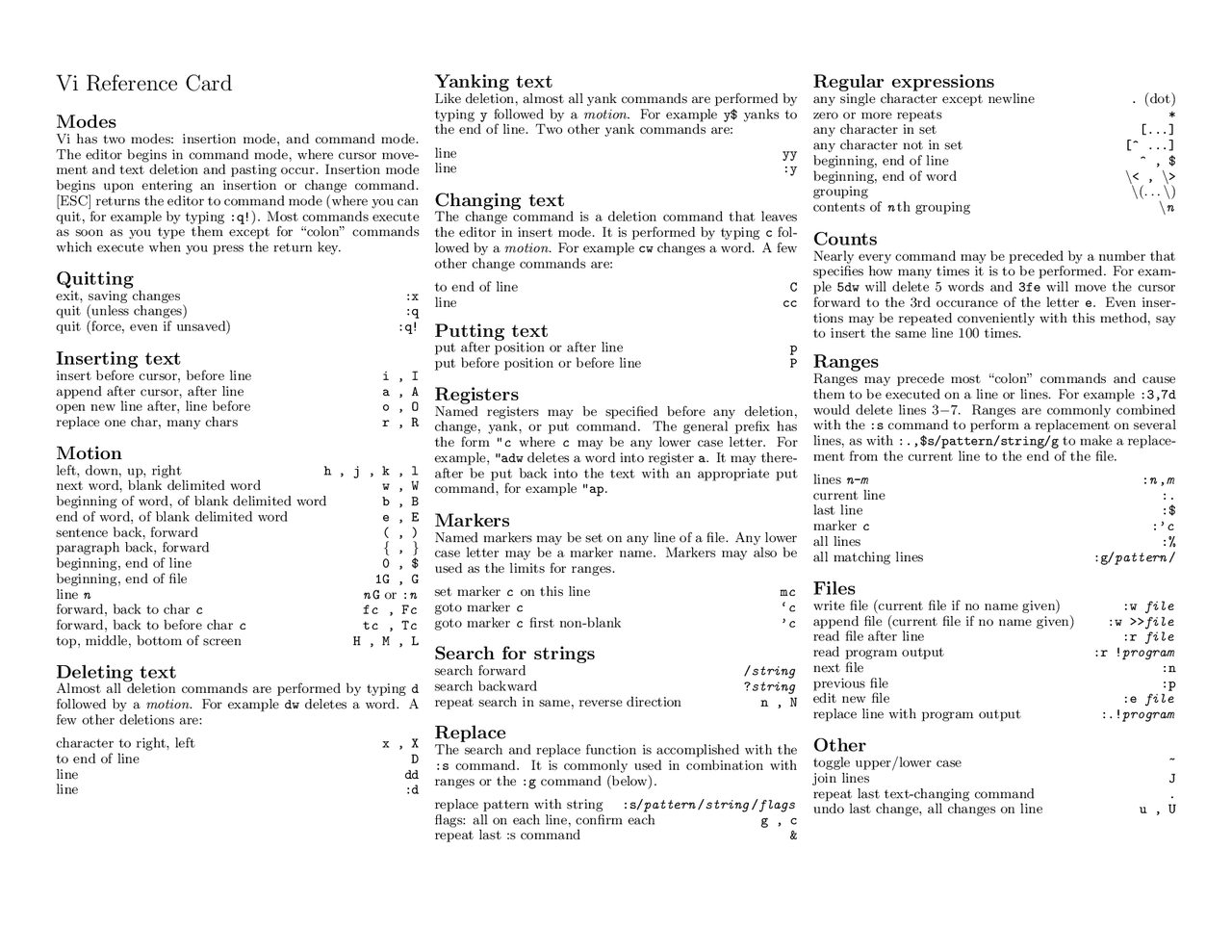 Vi Reference Card Cheat Sheet - Docsity