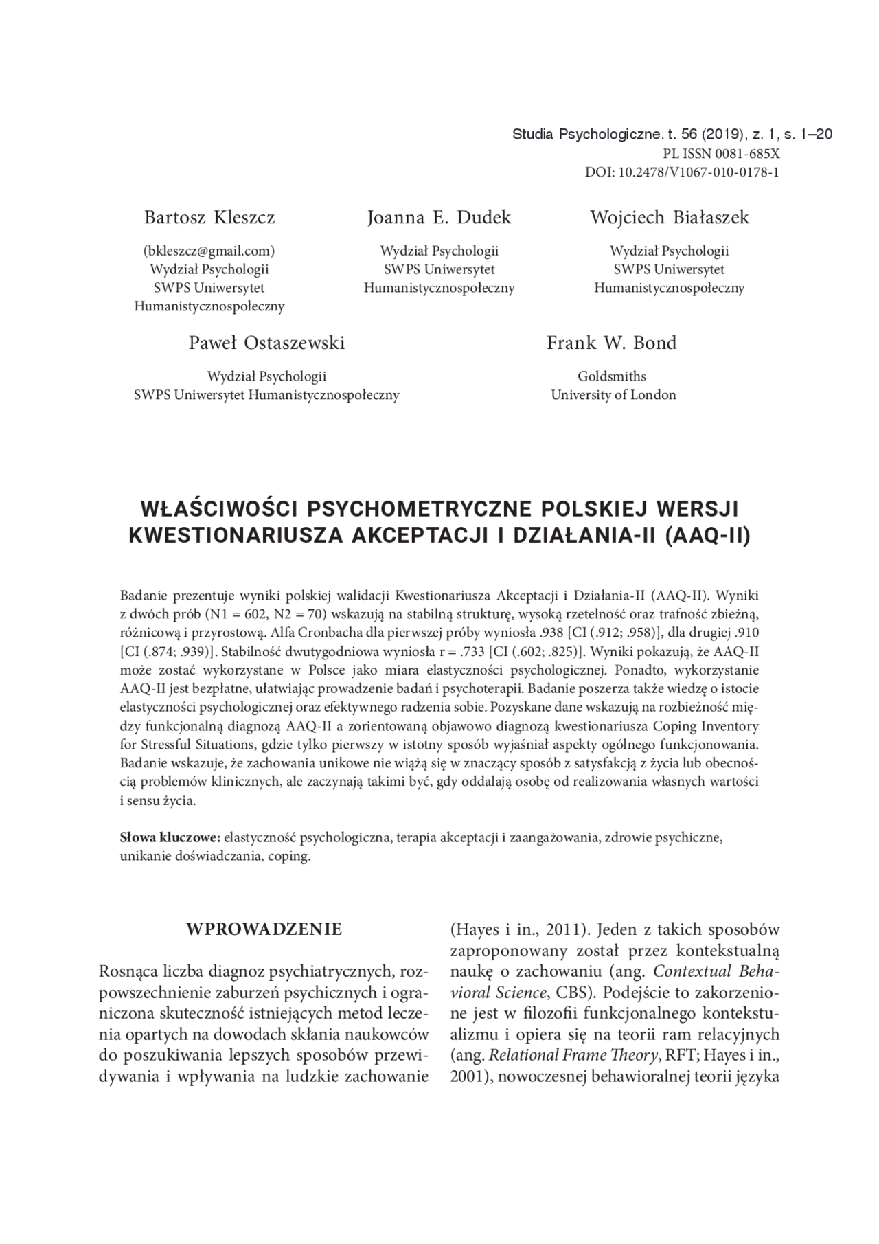 Właściwości psychometryczne polskiej wersji kwestionariusza akceptacji