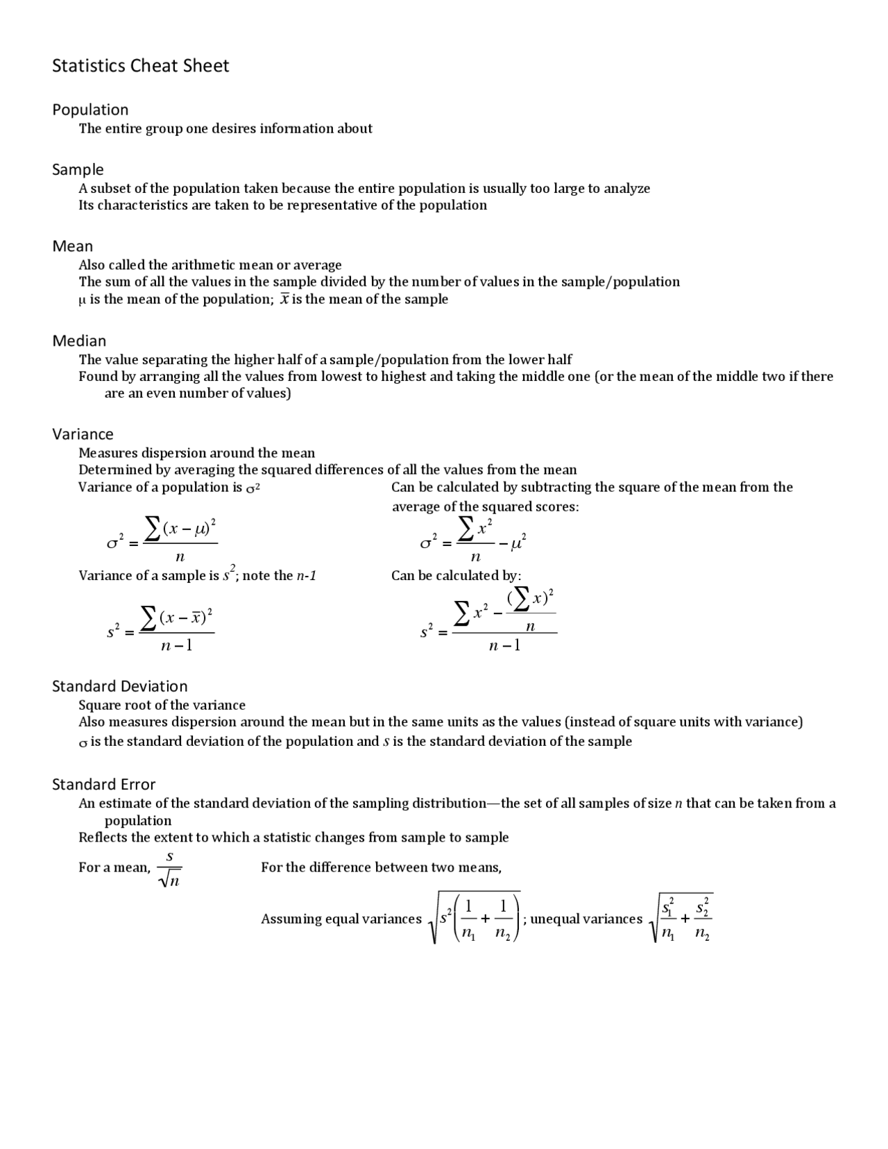 Statistics Cheat Sheet: Definitions and Examples | Cheat Sheet Statistics | Docsity