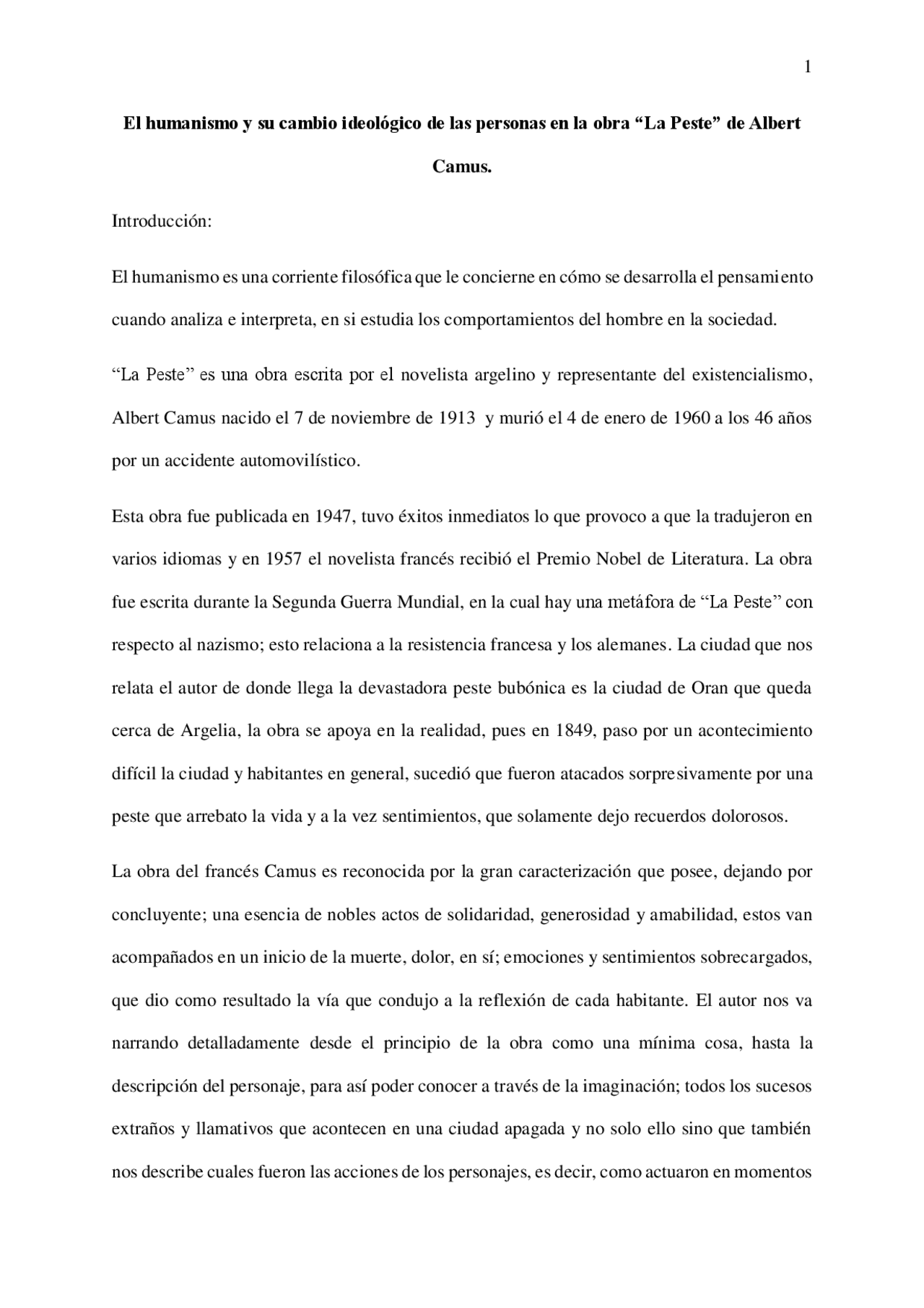 Ensayo De La Obra La Peste Albert Camus Docsity