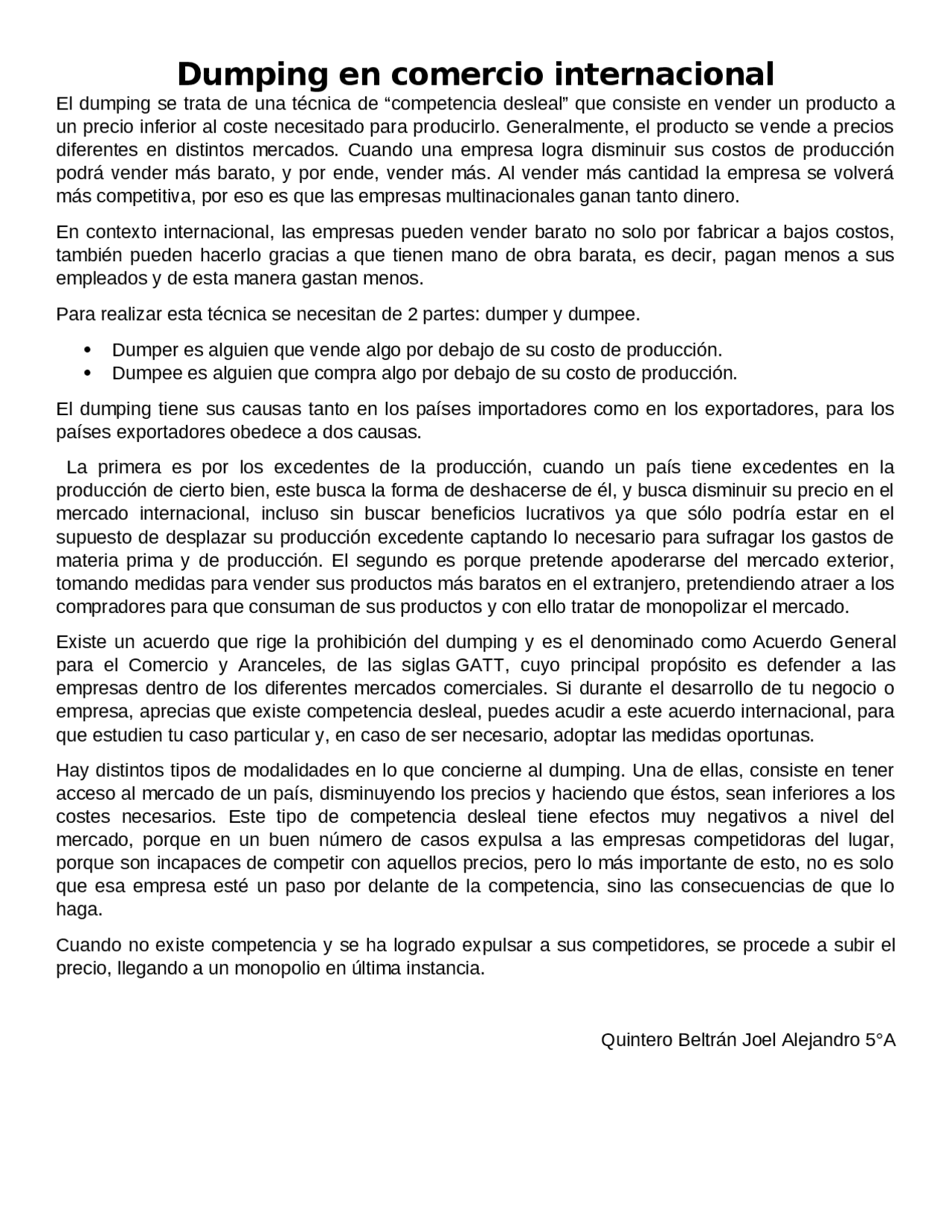 Dumping en comercio internacional - Docsity
