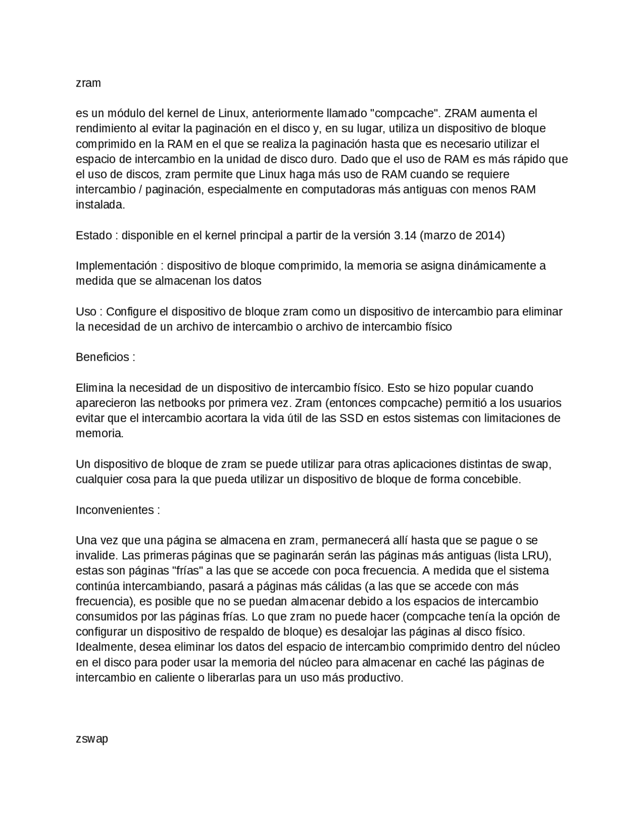 Comparación entre zram y swap Resúmenes de Sistemas Operativos Docsity