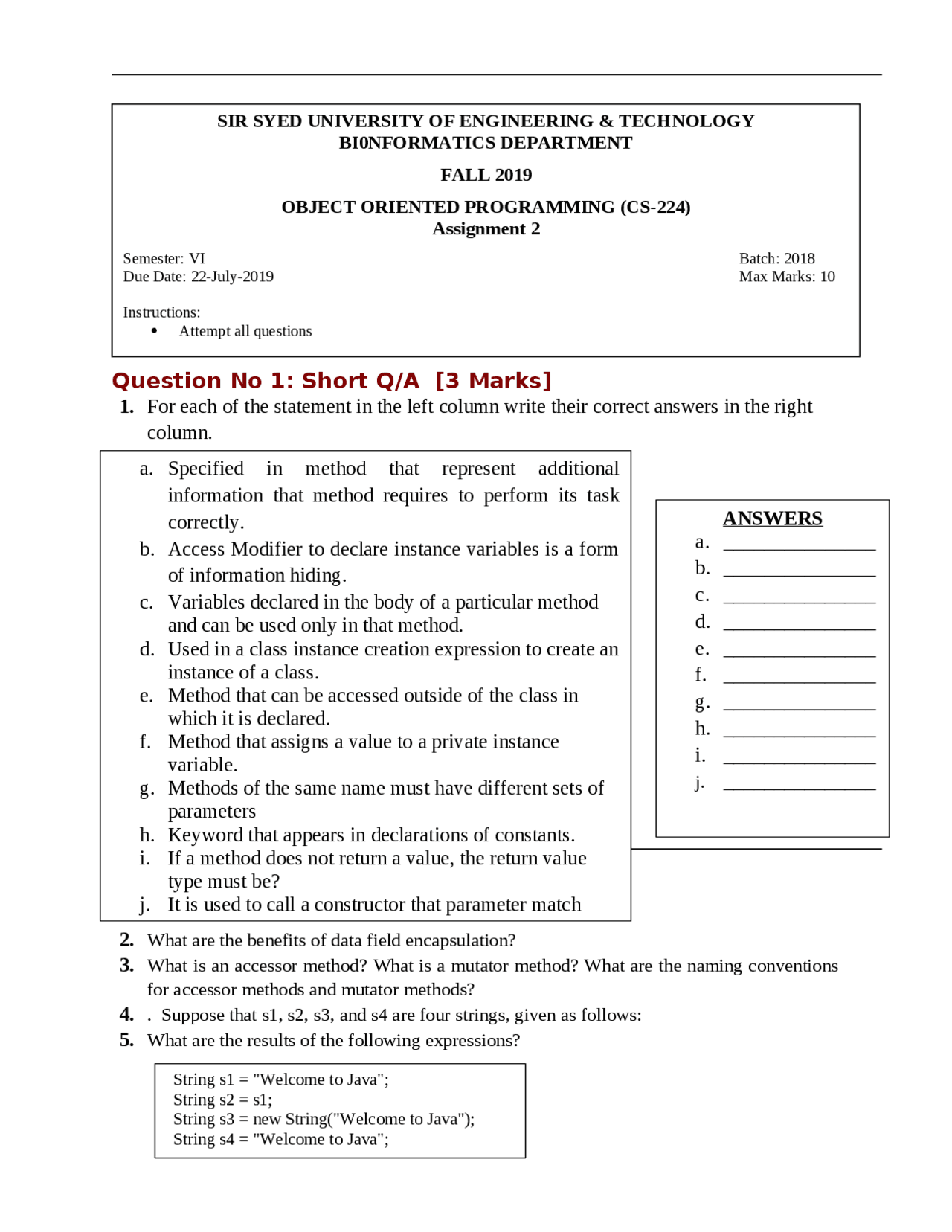 Object oriented programming Assignments and quizzes - Docsity