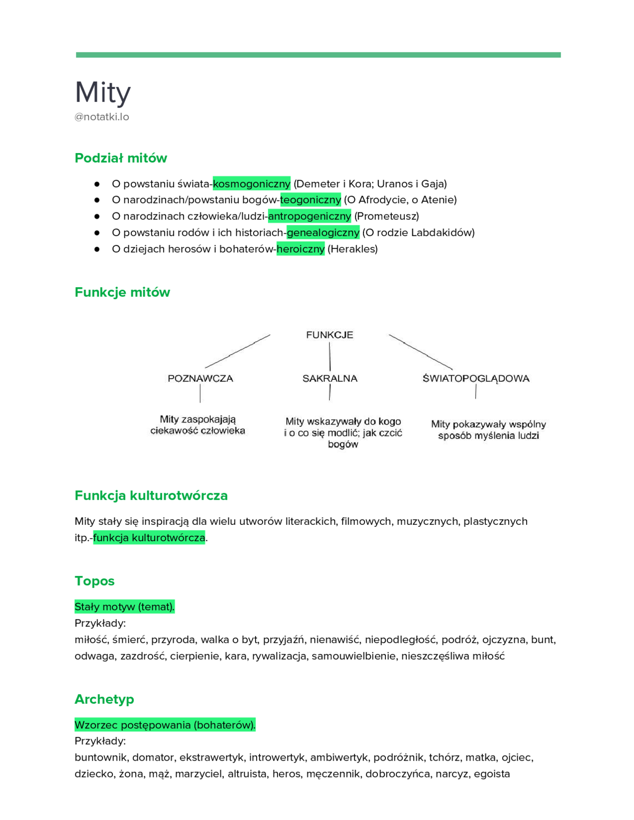 Notatka o mitach i bogach w mitologii | Notatki Język polski | Docsity