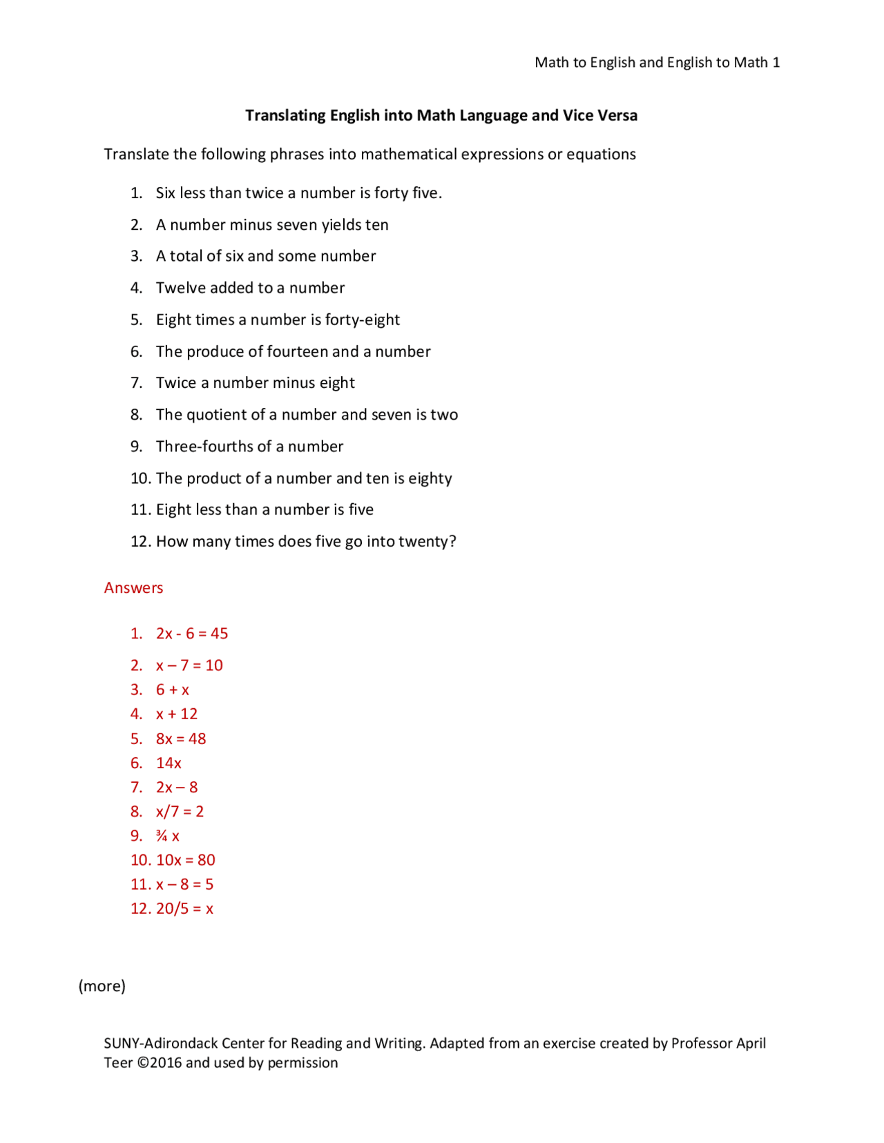 Translated By Math Translating english into math language vice versa - Docsity