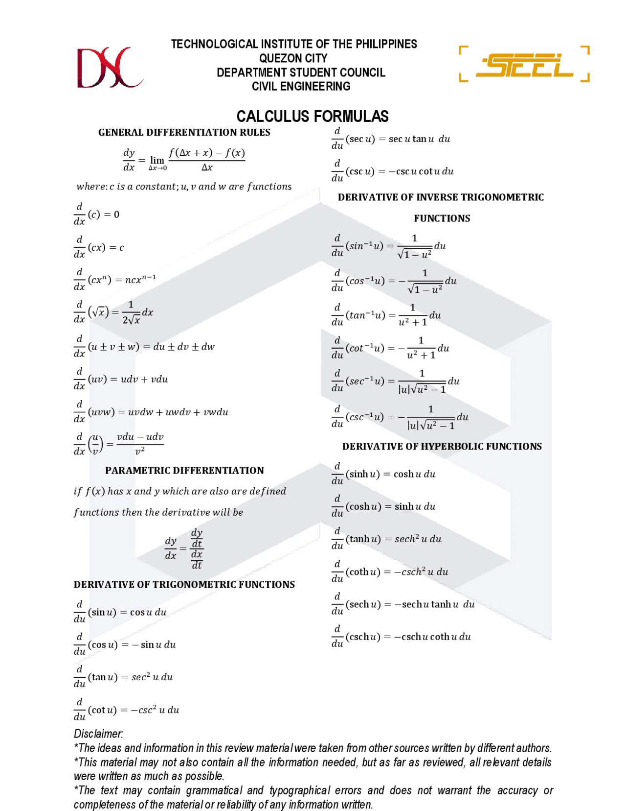 Calculus Formulas for Engineering | Exams Calculus | Docsity