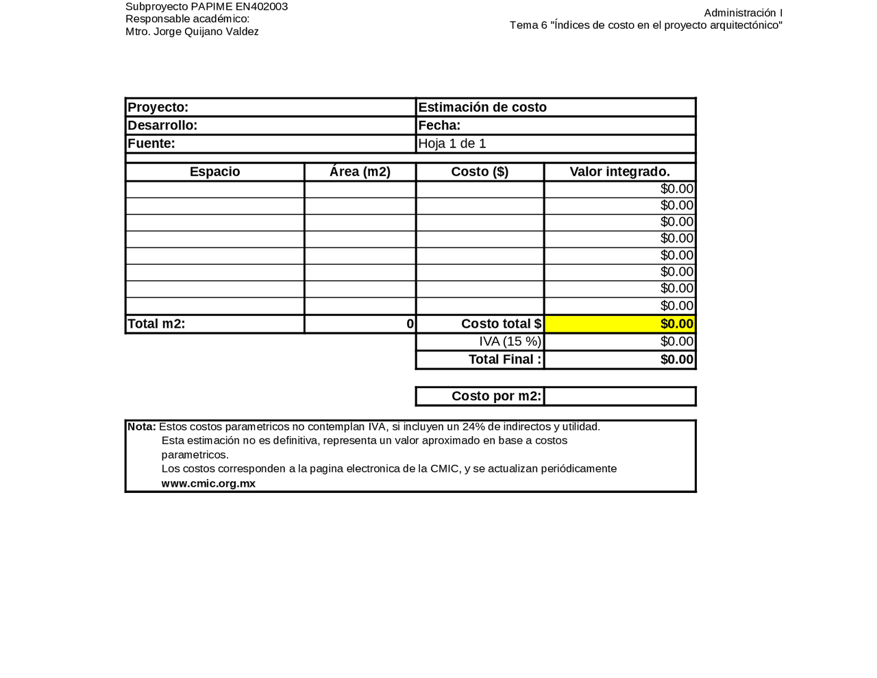 Formato De Estimacion De Costos De Un Proyecto